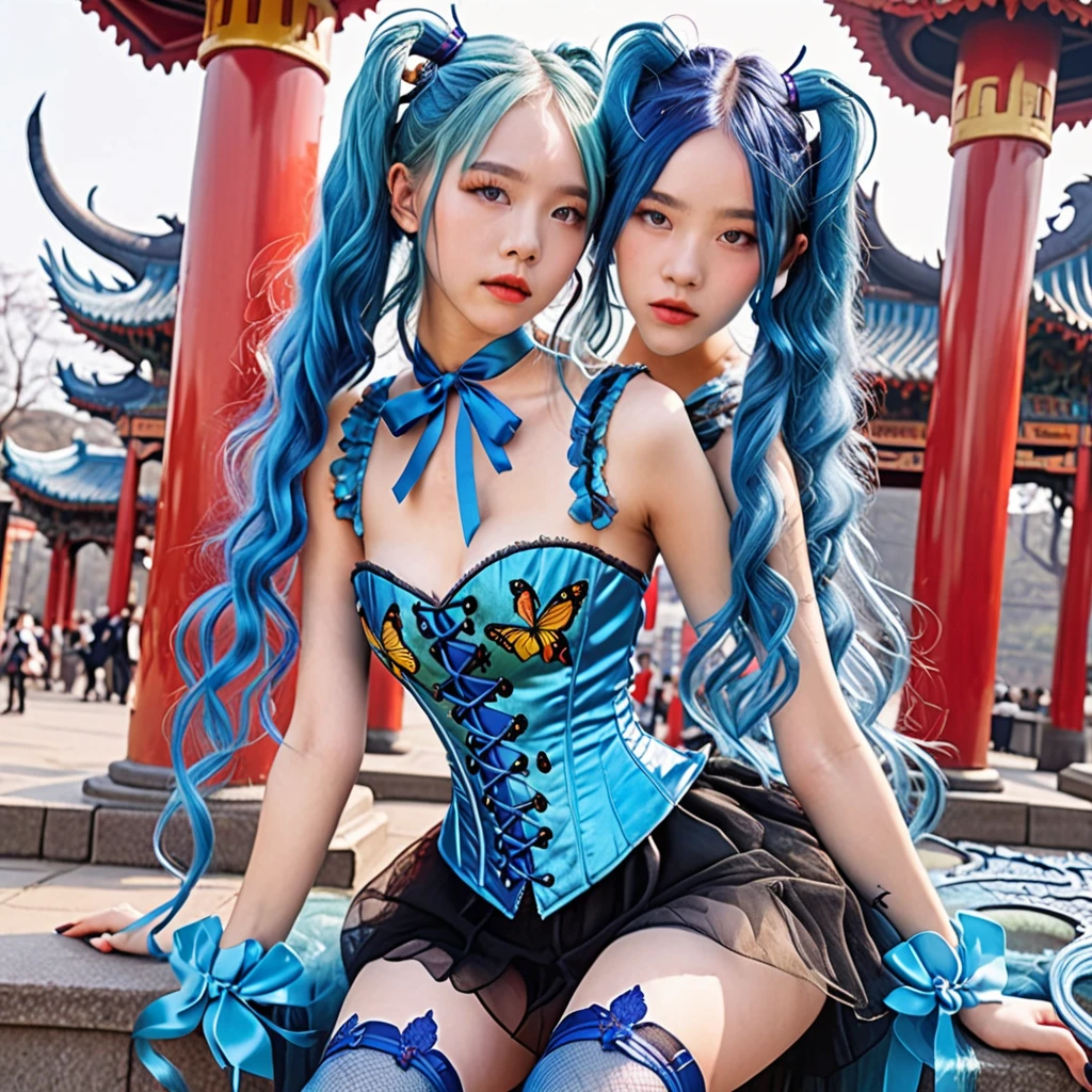 Two girls with blue hair, white blouse with golden bows. Short black skirt, cute