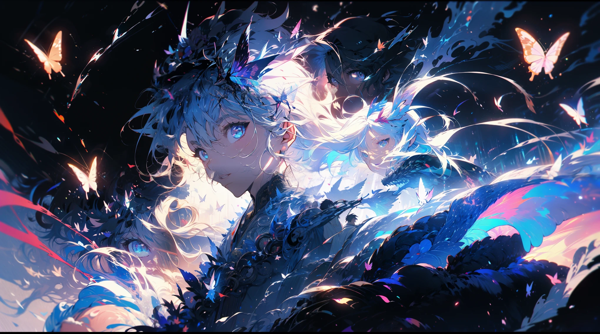 men、Character design、(((one person)))、 masculine face 、 Tall、 long-haired、stars、Butterflies、 watercolor style、depth of field、depth of atmosphere、impression、Super-precise 、4K、8 k、high quality image、fine textures