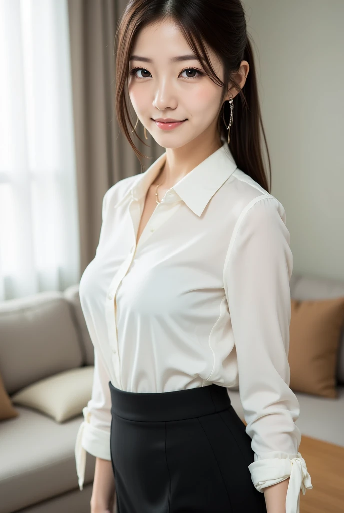 ((of the highest quality, 8K, masutepiece: 1.3, Raw photo)), Sharp Focus: 1.2, (1 AESPA Girl: 1.2), (Realistic, Photorealistic: 1.37), (Face Focus: 1.1), Cute smile, Super beautiful breasts beautiful legs,Exposed thighs 、flat chest, Short messy hair, (Wet Long Button White Shirt: 1.1), Panties, Wet body, Beautiful woman sitting by classroom, She's rolling up her skirt, Spread legs, Sunlight, Movie Lighting