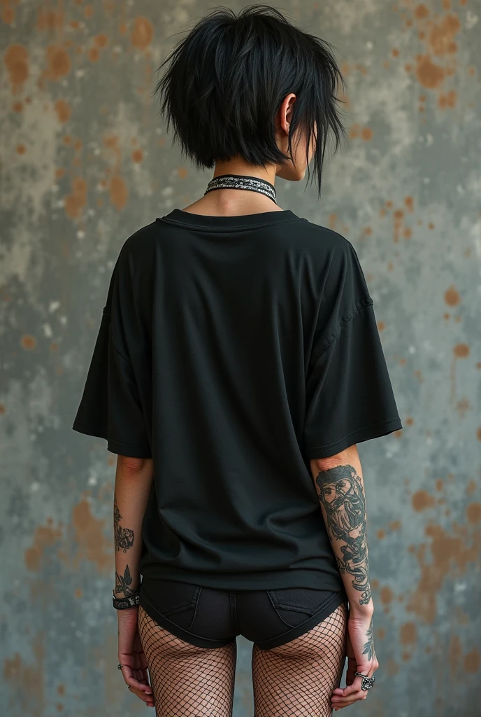 a beautiful 18 year old slim and sexy woman, emo girl, black short sleeve dress, denim shorts, detailed face, long eyelashes, intricate makeup, moody expression, cinematic composition, grungy urban environment