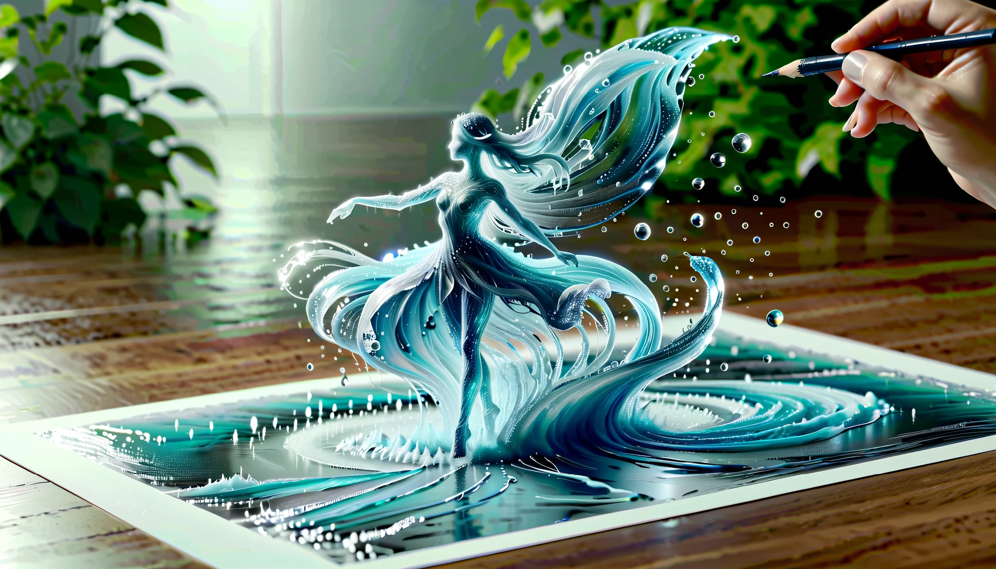 Une feuille de papier sur un bureau, Dessiner sur une feuille de papier, Dessiner une danseuse 4D de style encre uhd époustouflante et à couper le souffle, danseuse invisible déshabillée dansant sous la pluie, L’eau de pluie d’une personne invisible coule sur elle , Jour de pluie, effet holographique qui semble sortir de la feuille de dessin, dessin extrêmement détaillé, hyperréaliste, Des détails sublimes. Un travail vraiment remarquable, travail joyeux et sensuel, arrière plan minimaliste