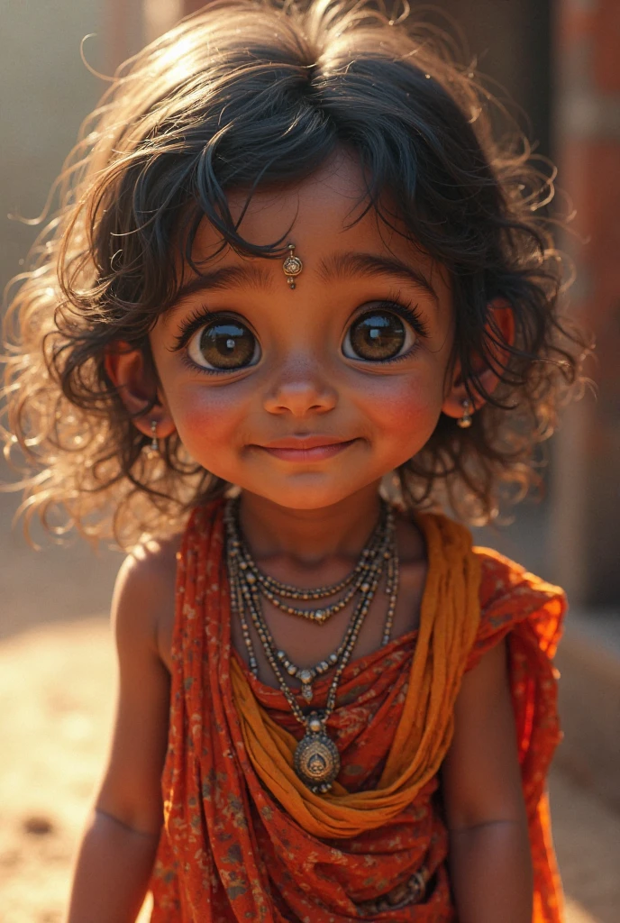 Uma imagem da minha erê of Oxum Opará Aparência , dolce, crying and smiling, , pacifier in mouth, black curly hair ponytail hairstyle, of Oxum Opará. Dark brown black skin, White clothes with small yellow and red details, overskirt, coast cloth and head cloth, yellow and red bead necklace, and abegbe of oxum 
