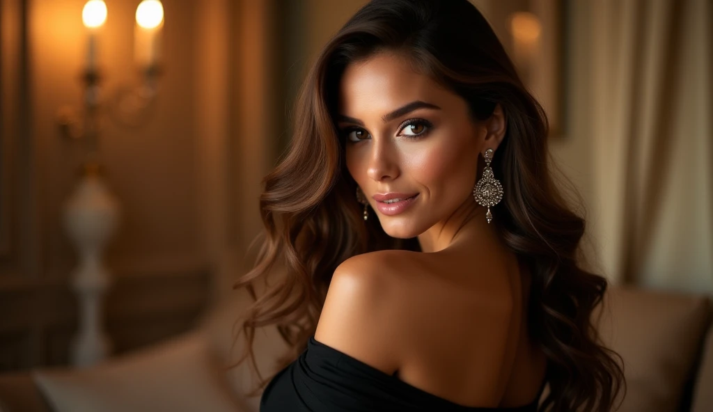 Sienna smiles seductively to the camera, It focuses on, Their long, flowing brunette hair falls seductively over her shoulders. Her supple skin shimmers in the soft candlelight. She wears a figure-hugging, burgundy crop top with sparkling sequins, that accentuates her curves, She turns around and presents her curvy back to him, while she continues: "I wear matching high waist shorts, that accentuate my endlessly long legs." With a provocative movement, she strokes her index finger over her lips and looks at him challengingly through half-lowered eyelashes. "And now to the pose ... How about it, when I bow down before you, my eyes full of desire directed at you? A seduction of the moment..."