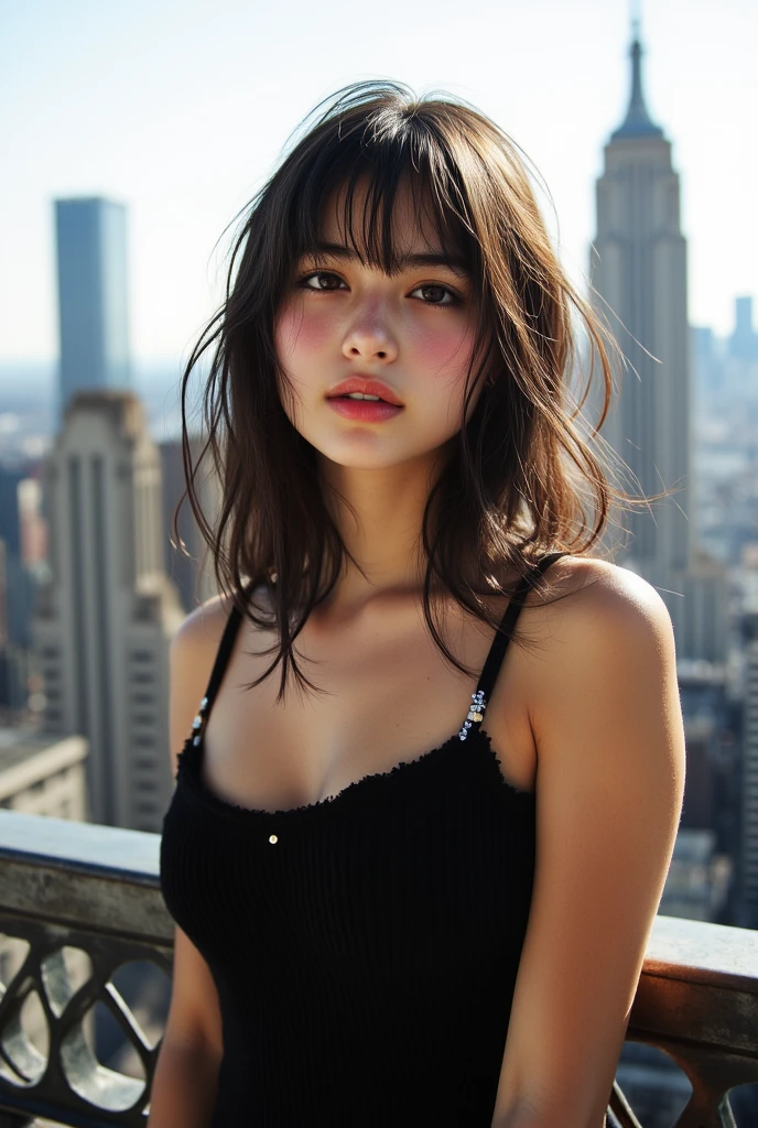 Boycut brown shining hair, (RAW photo), (hyperrealism: 1.8), (glossy red lipstick, many eyelashes, dark black eye shadow, puffed ample cleavage, shy, blushing, high quality, high resolution, depth of field, chromatic aberration, caustic, wide light, dark pink fair glossy skin, (21 year old woman), stylish college girl, white unbotton shirt, lots of exposure, front view, visible 8k resolutions, walking at street