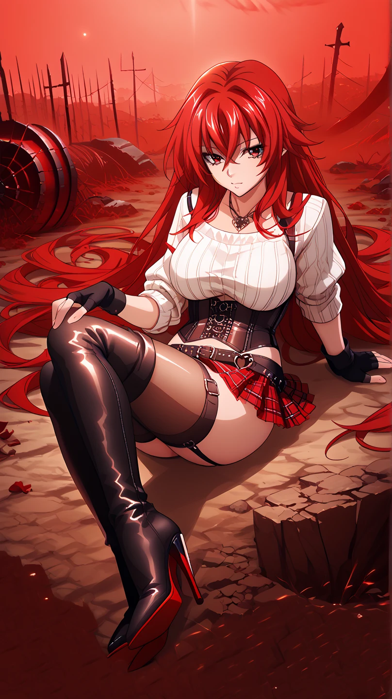 witch hat, knee-high boots, long red hair, ((thighs)), (((looking over shoulder))), long eyelashes, crouched on the floor, seen from behind, (((looking at the camera) )), (((looking back over shoulder))), (((((Eye contact)))), Ultra high definition), 8K face, (((perfect detailed sexy face))), 1girl, large breasts, thick thighs, thin waist, defined abdomen, witch, sexy,  red hair, lingerie, witch hat, corset, garter belt, white, background smoke, dark energy, hellish scenery, forest of dead trees, stormy sky, night