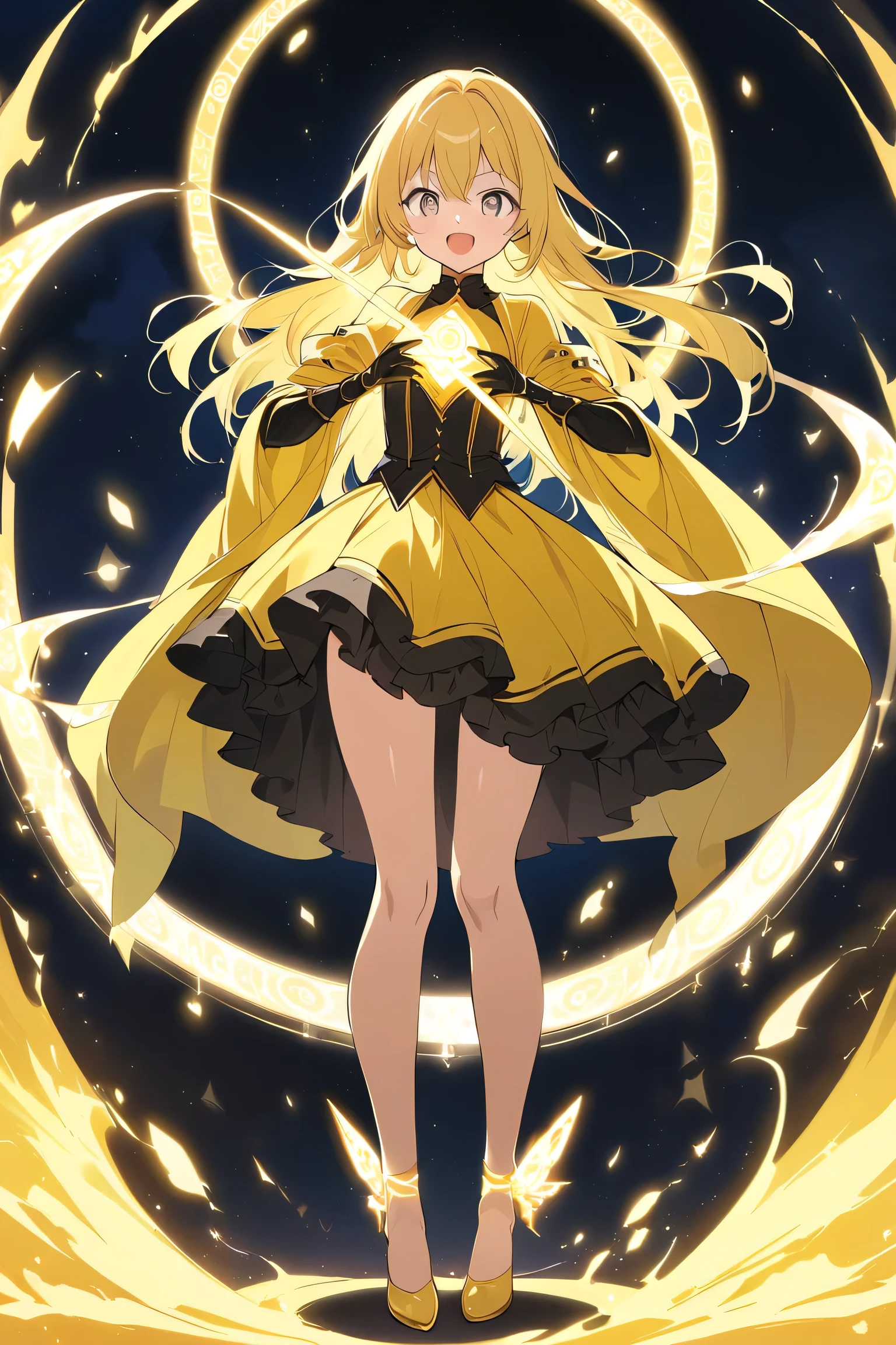 looking view, ((full body))standing,Source Anime, (Masterpiece), (Best Quality)), (Very Detailed), ((Cute)), (Amazing), (Detailed)), 4K, (8k), Highest Quality , (beautiful), perfect anatomy, ((perfect hands)), (perfect fingers)
ultra-definition depiction, 
break
(( 1girl )), 's years ollong hair, round face, yellow hair, ((grey eyes)),  open mouth, cute eyes,
BREAK

A female wizard with short yellow hair, wearing a flowing yellow robe with intricate patterns, a matching yellow bustier, and elegant gauntlets. She has a beautiful smile and stands in a powerful spell-casting pose, her hands glowing with magical energy. A radiant magic circle forms beneath her feet, while her luminous staff shines brightly. Neon-like magical auras swirl around her, casting a high-contrast glow. The scene is enhanced with lens flares and ASCII art elements, emphasizing the mystical atmosphere.
