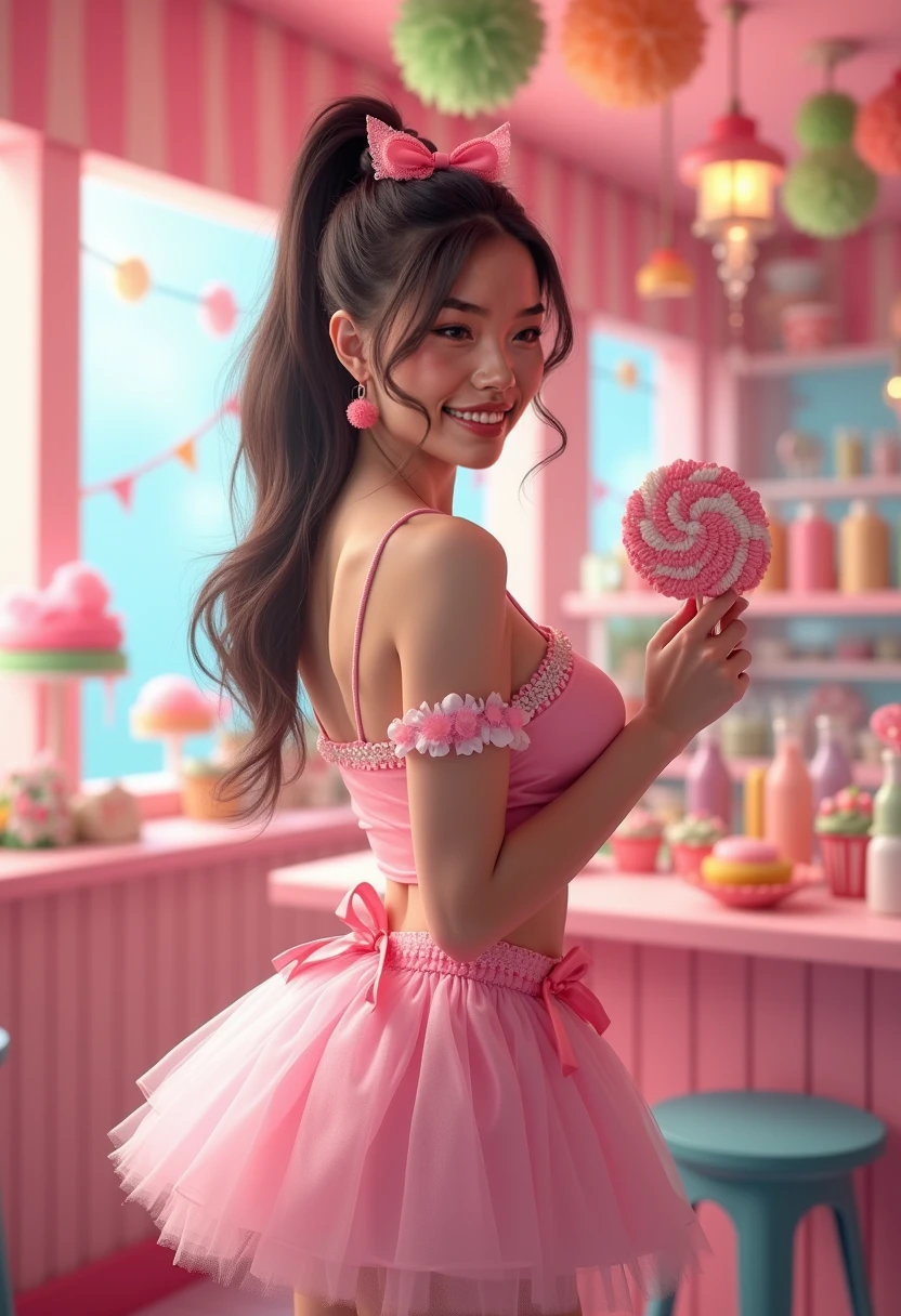 photograph of a dark-haired woman with windblown curls, her hair is intertwined, like a flame against the twilight sky., radiating unbridled beauty, big breasts, wearing a naughty pink candy costume kinky candy costume (cute candy fantasy) ( (candycosplay) holdind a lolipop in a candy shop, nipples covered by candy