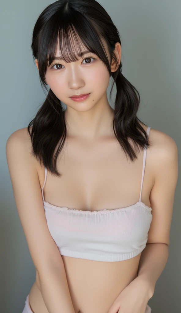 1girl, 25years old woman, cute face, Small breasts, medium breasts, large breasts, beautiful face, (perfectly detailed face), ((looking at viewer)), Simple Background, ((white background)), ((white wallpaper)), White skin, (bright lighting:1.2), perfect lighting, photorealistic, (bokeh), UHD, anatomically correct, highres