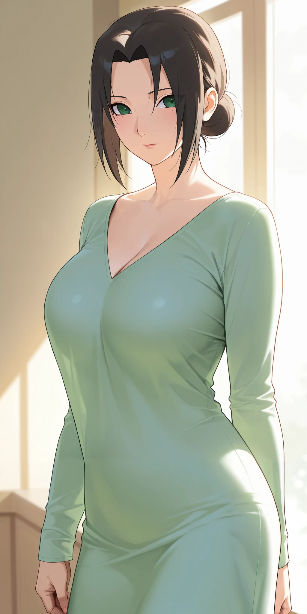 Black hair , big breasts red bra , unbuttoned green shirt , tight skirt , looks at us with a smile , front view , seductive anime woman