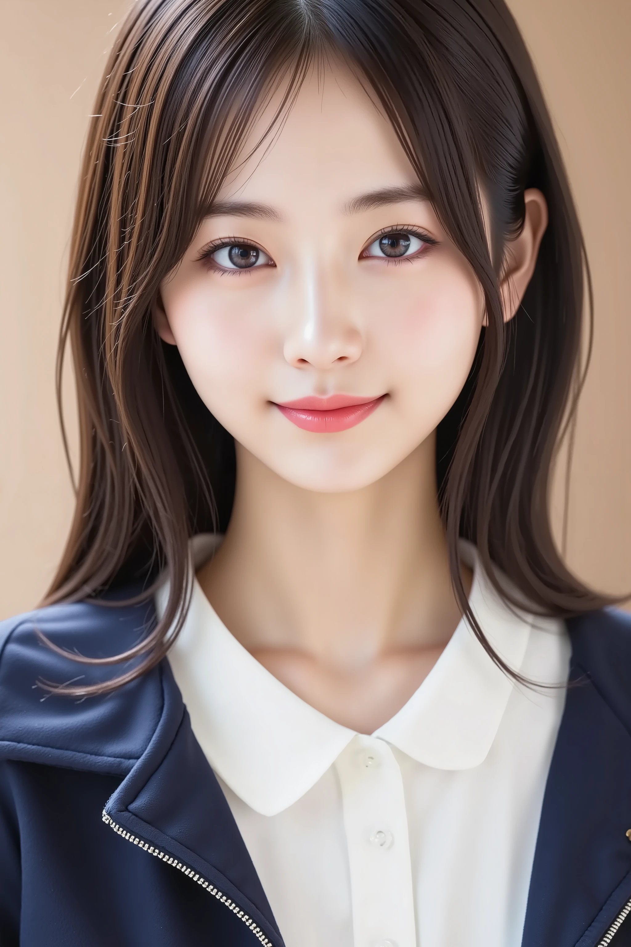 The face is positioned exactly in the center of the image , black hair , Tight Chest 、, the entire head is fully reflected , Face clearly visible、white blouse with collar and navy jacket, Women's Room Background , long hair、bungs, smile, young and cute japanese face , OFFICIAL ART, high image quality CG Unity 8k wallpaper,Ultra high image quality , is very well detailed, high image quality , film grain , lens flare glow , top quality ,8k, The entire head is fully reflected as a portrait shot ,8k, viewer , masterpiece,top quality ,is very well detailed, it's cute ,sexy,is very well detailedな,detailware features ,beautiful, illustration , beautiful Japanese woman, ladies 1