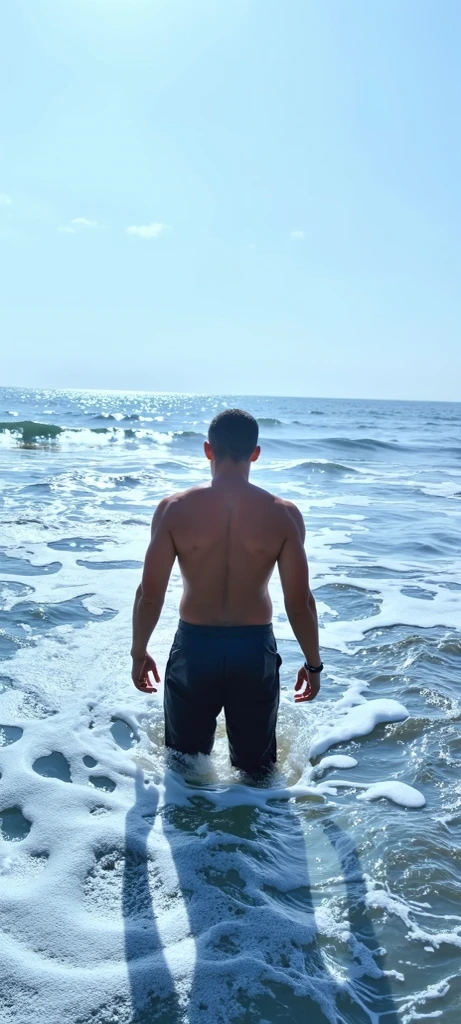 there is a man standing on the beach with his hands on hips, muscular, pretty face, to the sea, to the beach, standing at the beach, the ocean in the background, the ocean in the background, posing on a beach with the ocean, beach photo, on a beach, in the sea, posing on the beach, the sea in the background, at the beach
