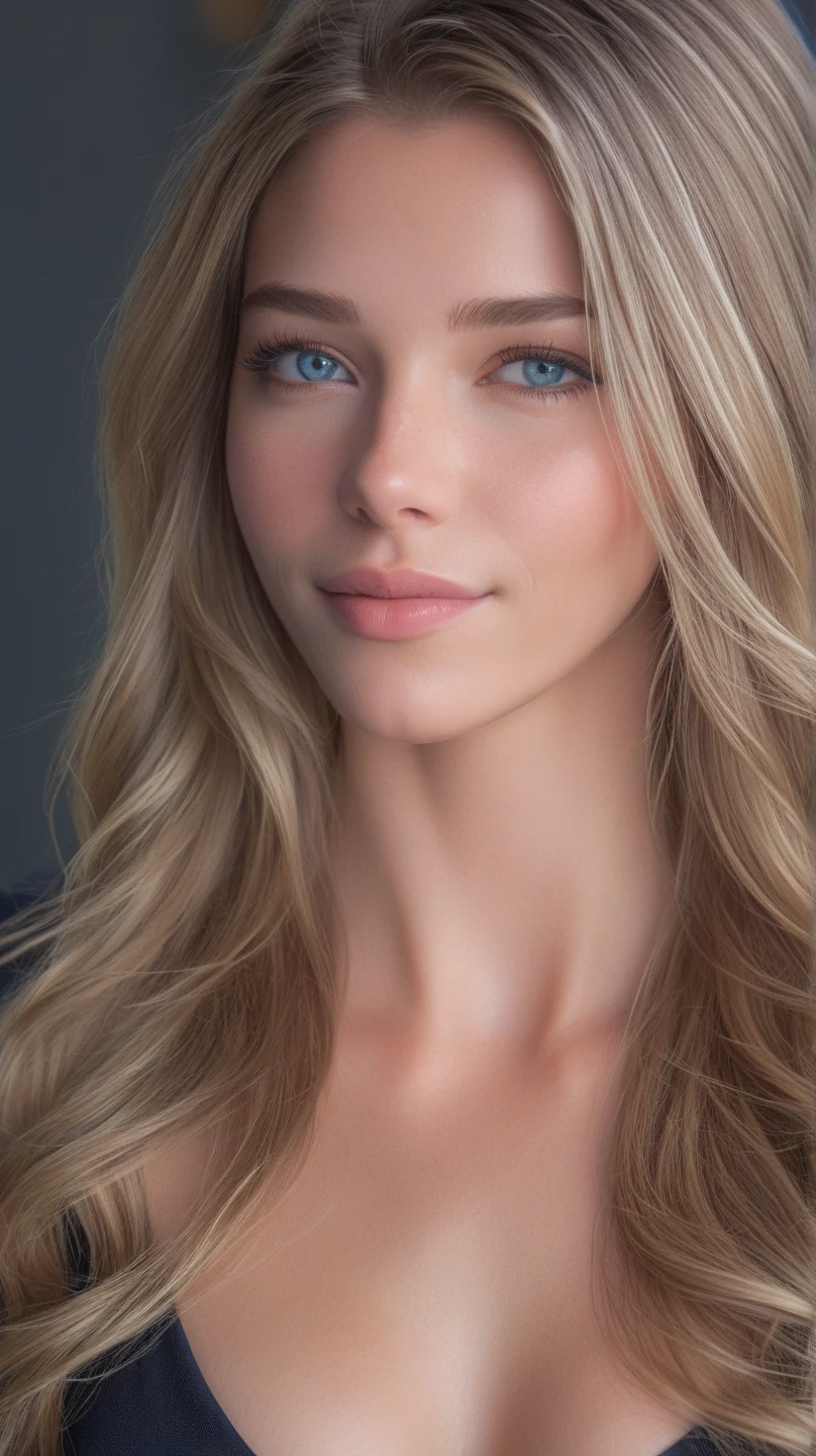 A beautiful blonde woman is wearing a black dress, (blue background),  muy detallado , 21 years,  innocent face, Natural wavy hair,  blue eyes, high definition, masterpiece, top quality, intricate details,  muy detallado , Sharp focus, Detailed skin,  realistic skin on fe, on fe, detailed eyes, professional, 4K, charming smile, Shot with Canon, 85mm, Shallow Depth of Field,  Kodak color vision ,  Perfect Body , very detailed, _\(Ultra\),  realistic,  realistic, Post-processing,  Maximum Details , Roughness, Real Life, Ultra  realistic, realism, graphy, 8K HD, graphy, full body 