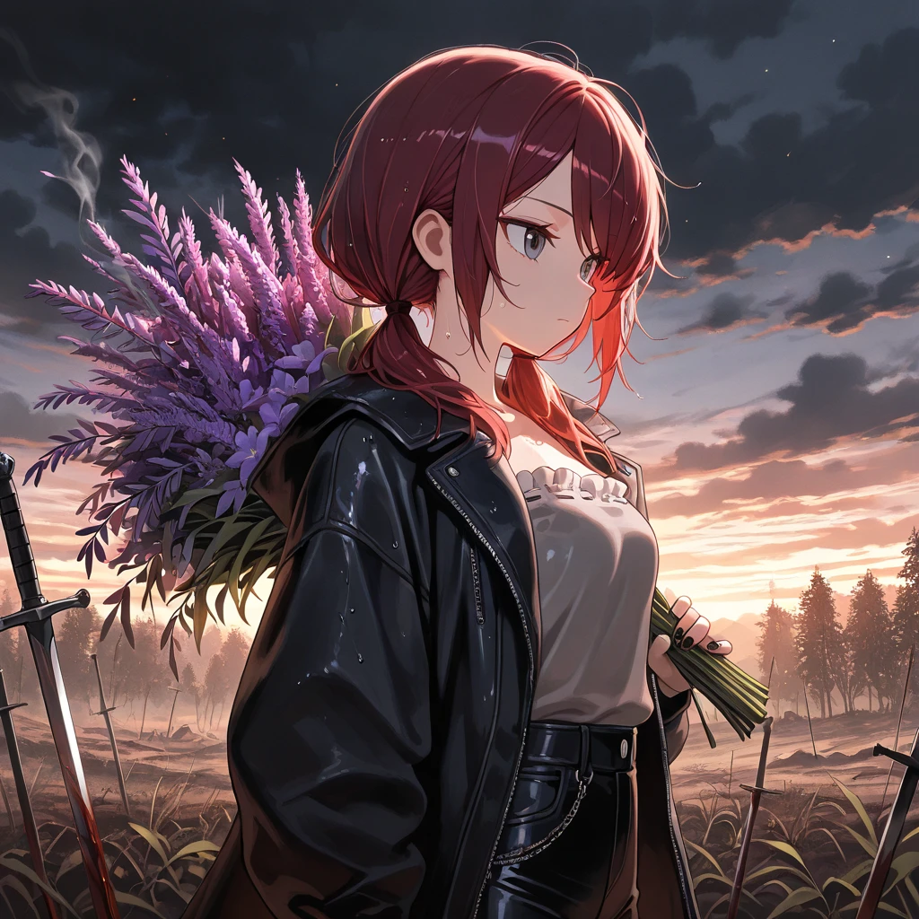 (masterpiece:1.2, Best Quality), (finely detailed beautiful eye: 1.2), (beautiful detailed face), (masterpiece:1.2, Best Quality), (finely detailed beautiful eye: 1.2), (beautiful detailed face), solo, close up, from side, thin girl, holding bouquet of purple flowers, expressionless, :l, Gray eyes, dark red hair, swept bangs, low twin tails, white ribbons, strapless sleeveless shirt, gray shirt, shirt with white trim, frill trim, black coat, black jeans, black nails, thin thighs, thin legs, dusk, willow tree leaves, close up, messy hair, stoic, shadowy aura, battlefield, dusk, few stars, dark clouds, puddles, wet clothes, wet skin, wet hair, blood splatters, flags, swords, smoke, walking over dead armored men, s, blood splatters, stars, charred wasteland,