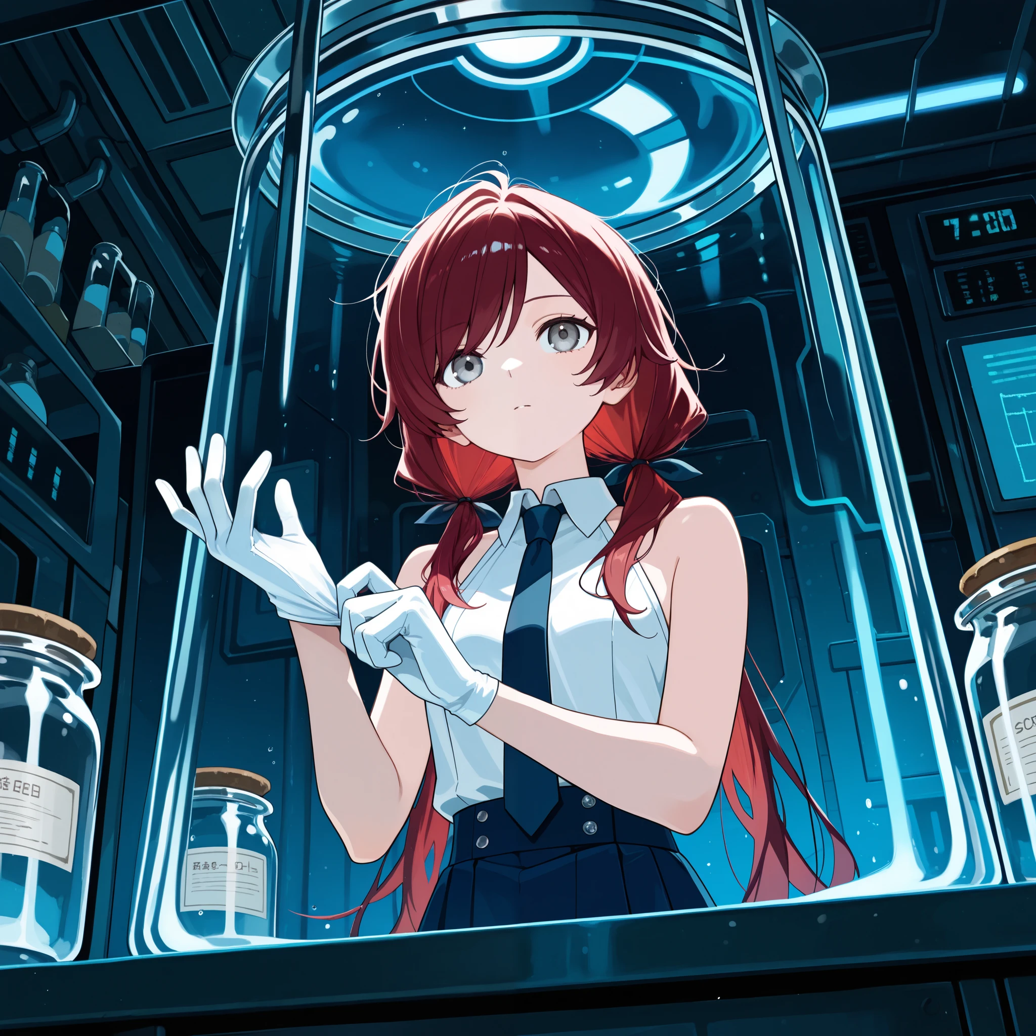 score_9,score_8_up,score_7_up, gloves, adjusting gloves, close up, stoic, long low twin tails, gray eyes, messy hair, dark red hair, long swept bangs, sleeveless halter neck white collared shirt, dark blue necktie, dark blue skirt,hair ribbons, inside laboratory, dark lighting, beakers and jars on table, from below,