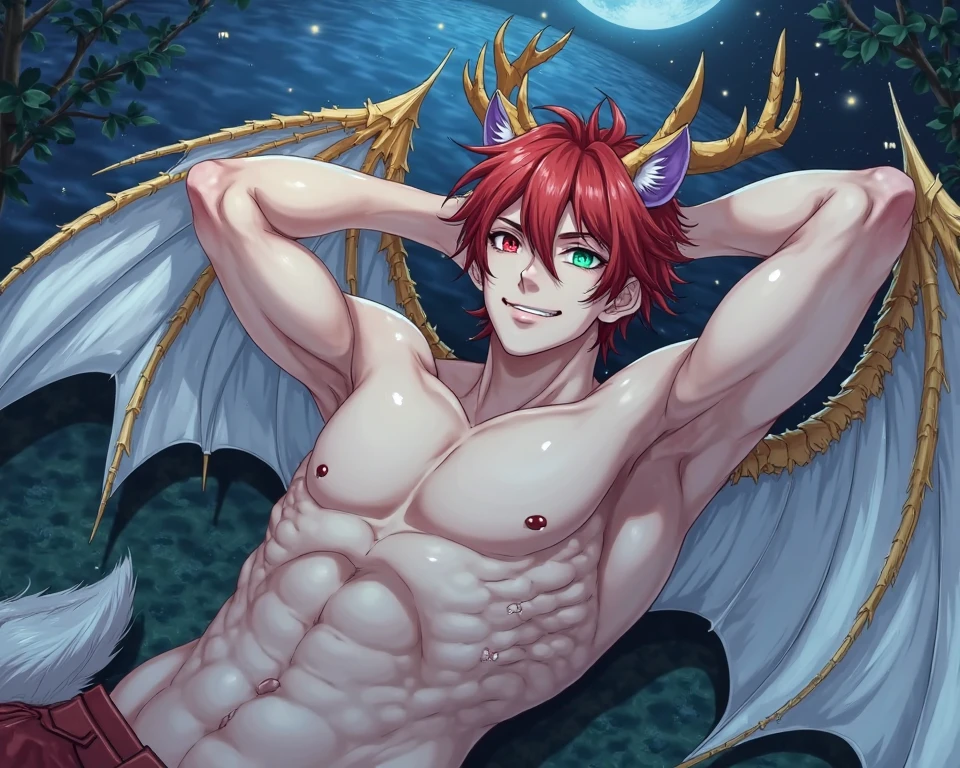 Incubus, full height, ram's horns, bat wings, heterochromia, young, anime, lightning around the hand, cute, against the background of the night forest, red light, boy