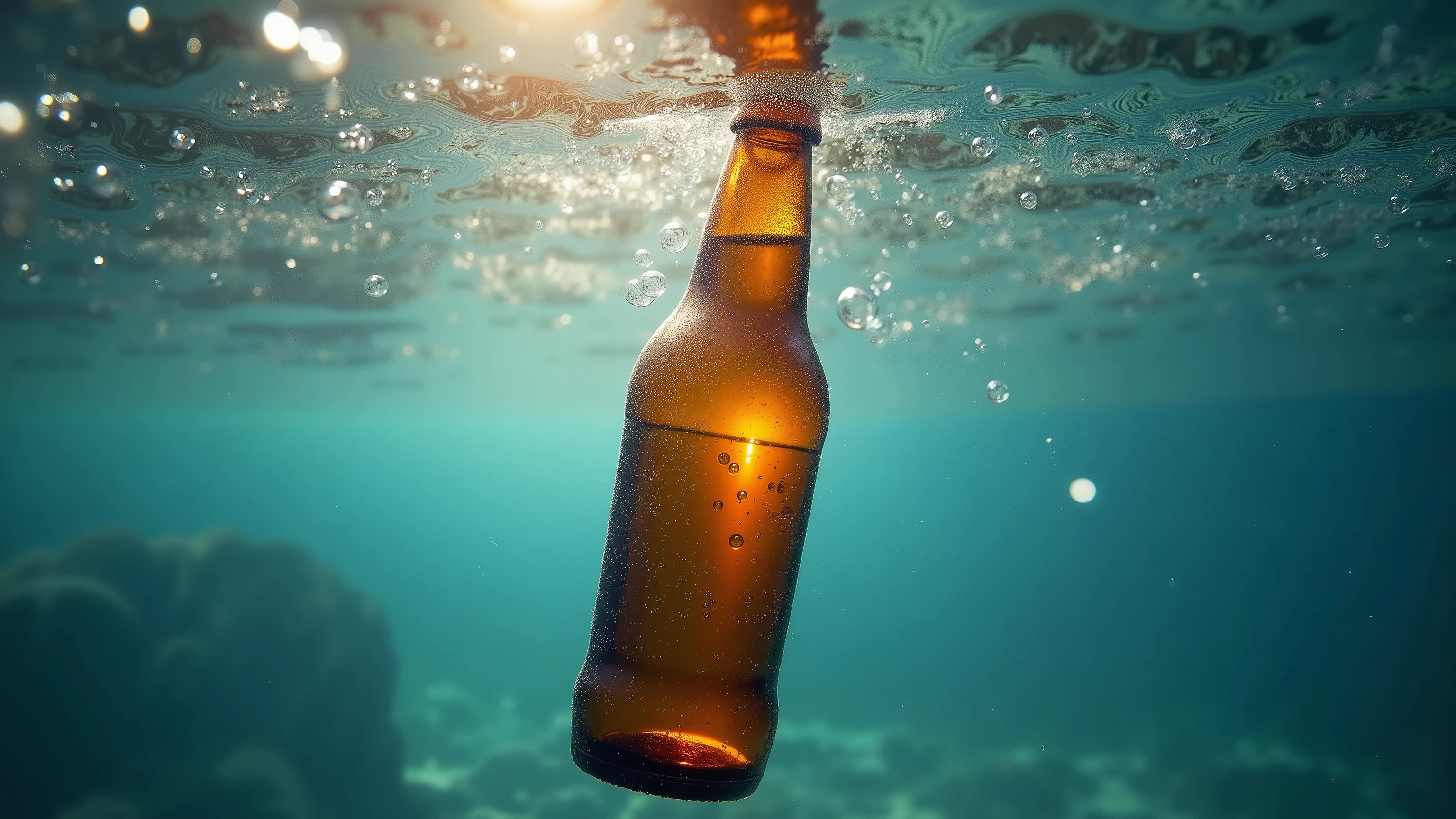 Beer bottle submerged in water