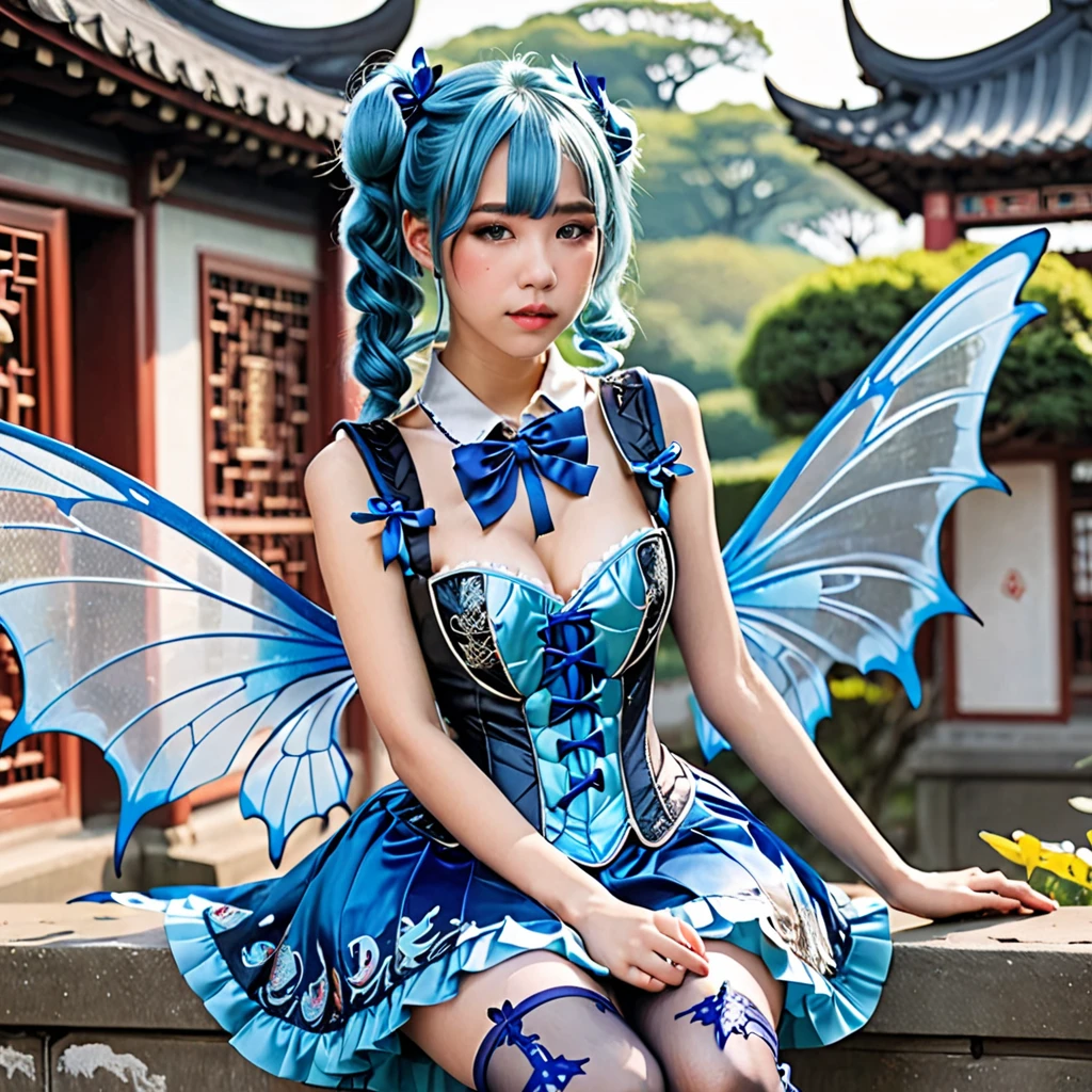 Female idol covered in dragonflies、full body Esbian、、Steampunk fashion covered in dragonflies（shiny blue and silver）、Luminescent、Colorful hair、goggles