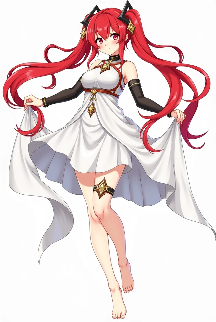 8k, best quality, masterpiece, (ultra-detailed:1.1), (high detailed skin), 
(full body:1.2), white background, standing, looking at viewer, solo, hand on hip, 
<lora:jingwei-v100-000021:0.8:lbw=char>, jingwei, 1girl, red eyes, long hair, red hair, barefoot, dress, breasts, white dress, hair ornament, 
(white background, simple background,:1.2), 
<lora:EnvyBetterHands LoCon_beta2 è¾å©:0.55>, ( good hands, nice hands:0.5), 
(beautiful_face), ((intricate_detail)), clear face, 
((finely_detailed)), fine_fabric_emphasis, 
((glossy)), full_shot,