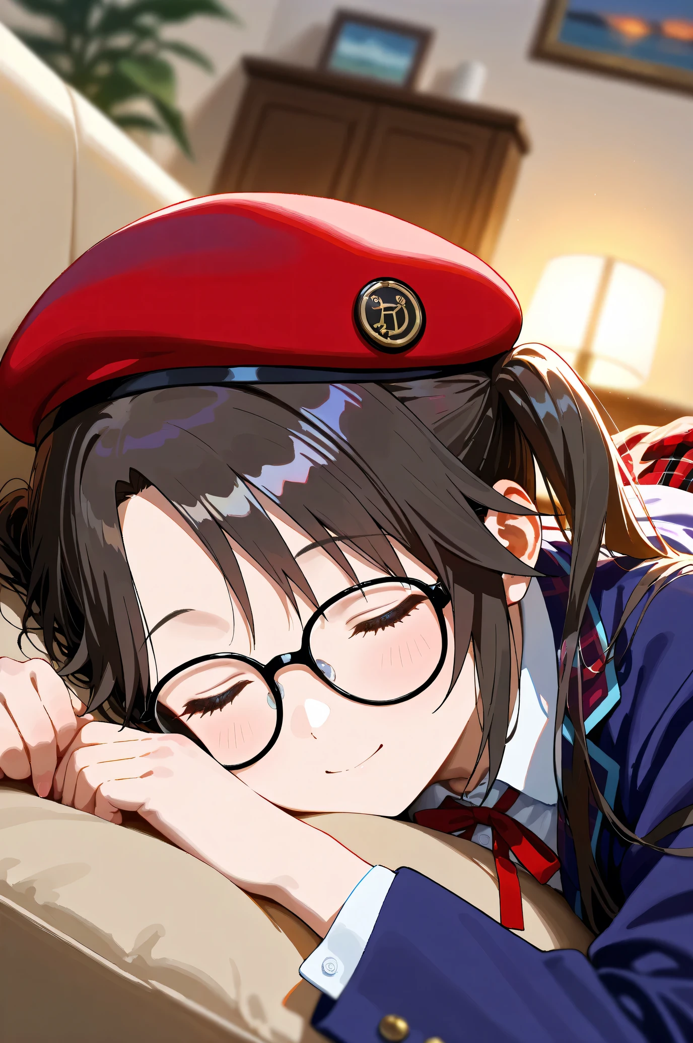 (Masterpiece), (Highest quality), (Very detailed),
(The best shape), (Best shadow), (Absurd),
(Detailed Background), (So beautiful), Shiny,
Extraordinary, Countershading, 8k, 32K, High resolution,
Very Detailed CG, UHD,
Score_9, Score_8_up, Score_7_up, Source_anime,
(Pastel painting:1.2), (Watercolor painting:1.2),
(Masterpiece, Detailed:1.2), (Foreshortening:1.2),
Cinematic, Dramatic, (Depth of field:1.4),
(Blurry background:1.4), (Realistic background:1.4),
dynamic angle, from above,
1 girl, Solo,
lndoor, Living room, Sofa, Light brown sofa, Cushion, (Evening:1.2),
Mitsumine Yuika,
the idolmaster shiny colors,
yuikamitsumine, 1girl, Solo, Black hair, Long hair, Twintails, High twintails,
Casual wear,
Beret, Red beret, Glasses, Black framed glasses,
Blazer, Open blazer, Long sleeves blazer, (Indigo blazer:1.2),
Cardigan, Red ribbon,
Skirt, Mini skirt, Red skirt, Checkered Skirt,
(Blush:0.5), Asleep, Sleeping, smile,
Portrait, Close up shot,
Her eyes closed,
Lying on the sofa,
Focus on face,
Realistic skin,
Shiny skin,