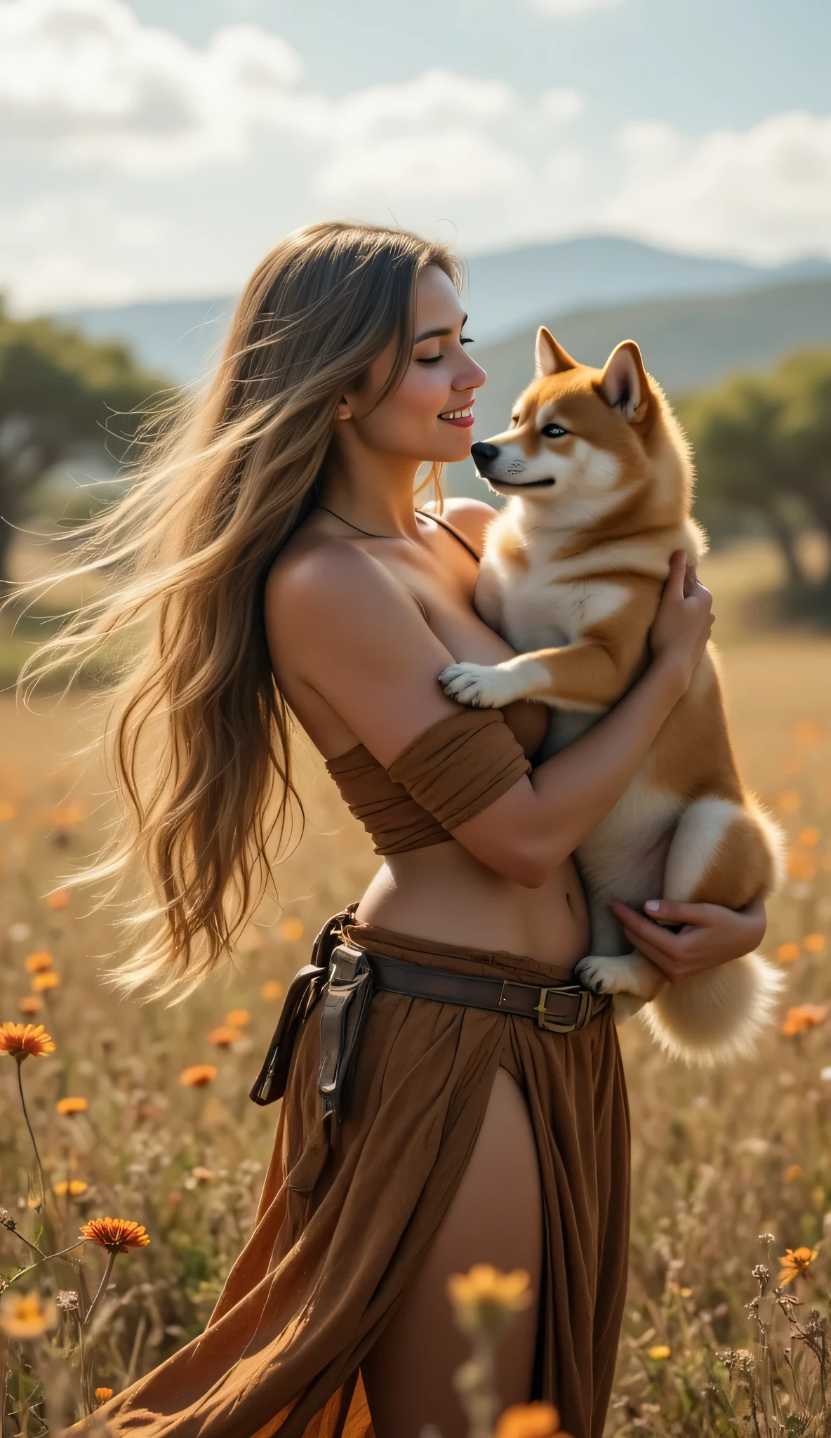 a woman sitting, In a relaxed and natural pose. She is completely naked, with its smooth, unadorned skin. Try to partially cover yourself with a light cloth., that lets you see parts of your body. at your side, Your faithful dog is lying down, Licking his stomach calmly. The woman and her dog share a moment of intimacy and calm, surrounded by a serene and peaceful environment. The soft, warm light highlights the natural beauty of the scene.