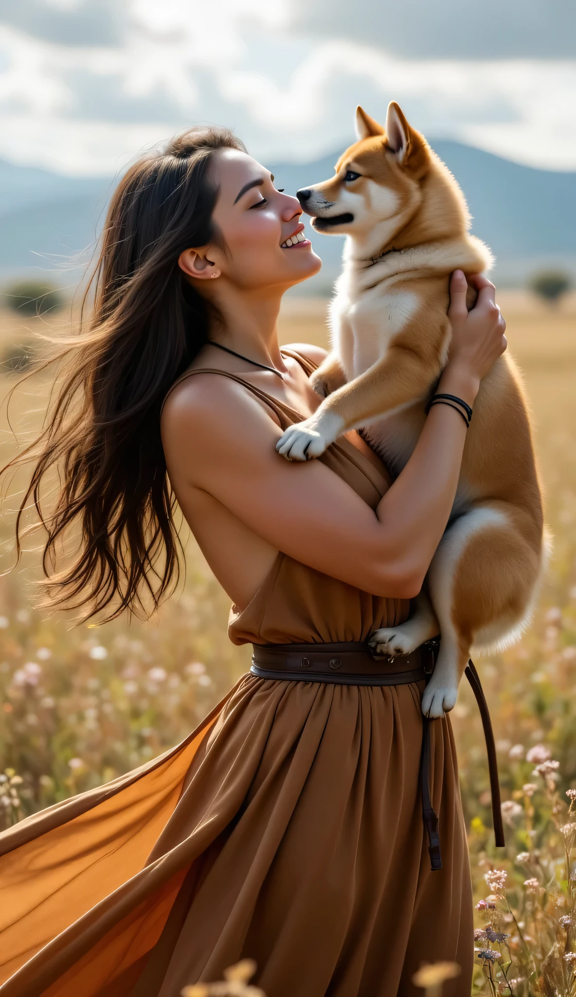 **Prompt:** Explore the enchanting relationship between a prehistoric female hunter and her spirited fluffy Shiba Inu in the expansive savanna. Hugging. Create a hyper-realistic, wide-angle image capturing the joyful moment as the hunter wraps her arms around her lovingly detailed dog. Portray her athletic figure in an action-oriented pose, radiating strength and vitality, dressed in a flowing gown crafted from long leather strands that gracefully sway with the wind. Surround them with a lively prehistoric savanna teeming with vibrant flora and fauna, adding to the scene's energy. Incorporate central leading lines in your composition to naturally guide the viewer’s gaze across this breathtaking landscape, emphasizing depth and realism. Render the image in UHD quality, utilizing soft ambient lighting to highlight textures, including the intricate details of her expressive hands and flowing hair, shimmering in the sunlight. Infuse elements of Stonepunk, SandalPunk, and BronzePunk aesthetics into the artistic style, evoking an immersive atmosphere reminiscent of the captivating artistry found in the Far Cry 5 game.