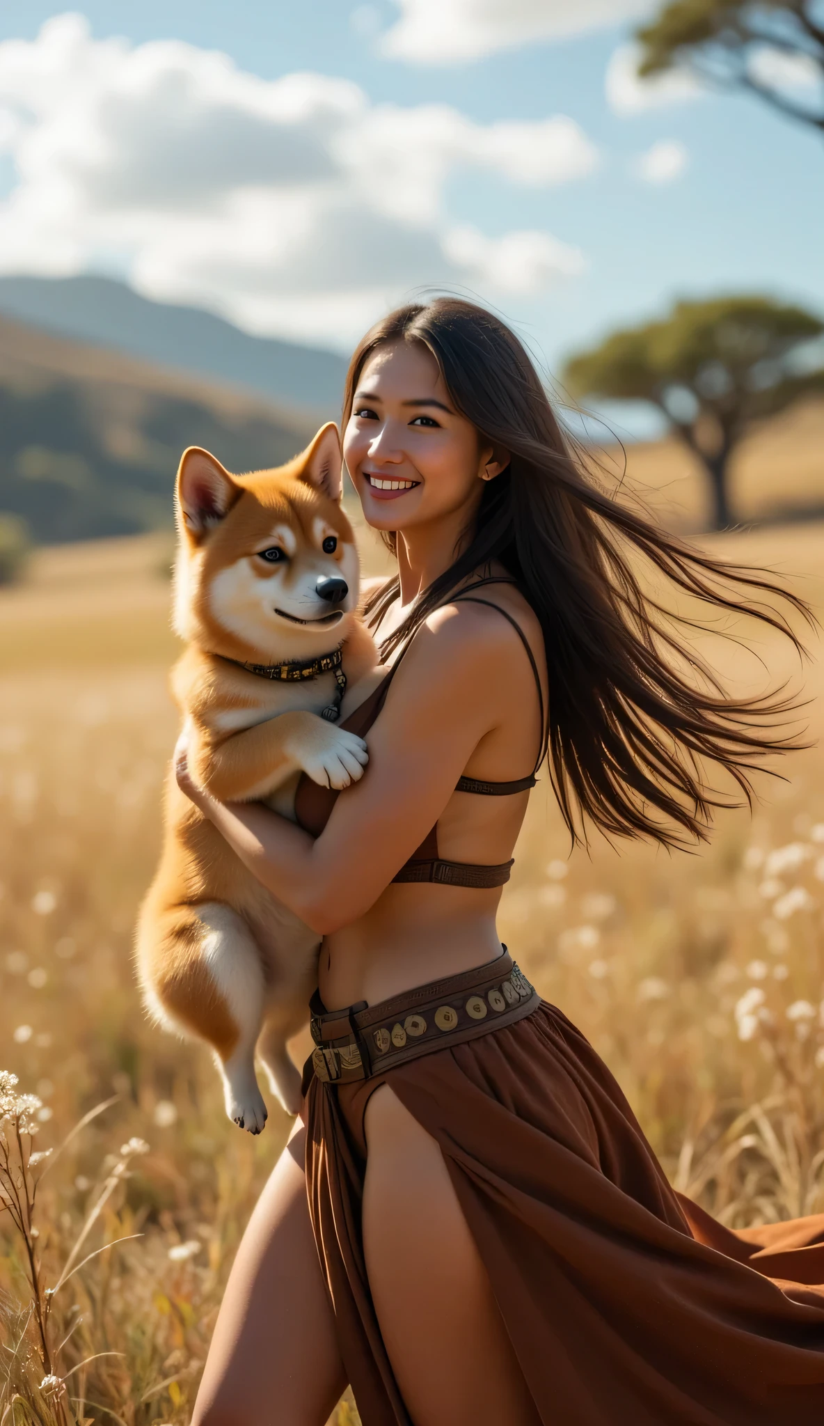 **Prompt:** Explore the enchanting relationship between a prehistoric female hunter and her spirited fluffy Shiba Inu dog in the expansive savanna. Hugging. Create a hyper-realistic, wide-angle image capturing the joyful moment as the hunter wraps her arms around her lovingly detailed shiba inu dog. Portray her athletic figure in an action-oriented pose, radiating strength and vitality, dressed in a flowing gown crafted from long leather strands that gracefully sway with the wind. Surround them with a lively prehistoric savanna teeming with vibrant flora and fauna, adding to the scene's energy. Incorporate central leading lines in your composition to naturally guide the viewer’s gaze across this breathtaking landscape, emphasizing depth and realism. Render the image in UHD quality, utilizing soft ambient lighting to highlight textures, including the intricate details of her expressive hands and flowing hair, shimmering in the sunlight. Infuse elements of Stonepunk, SandalPunk, and BronzePunk aesthetics into the artistic style, evoking an immersive atmosphere reminiscent of the captivating artistry found in the Far Cry 5 game.