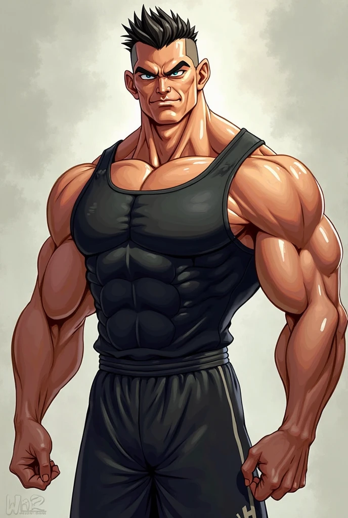 Middle-aged man, detailed face, gray hair, seductive look, mustache, masculine face, muscular body, prominent veins. He is wearing very tight sports pants showing his muscles, a big bulge, a wet white tank top.