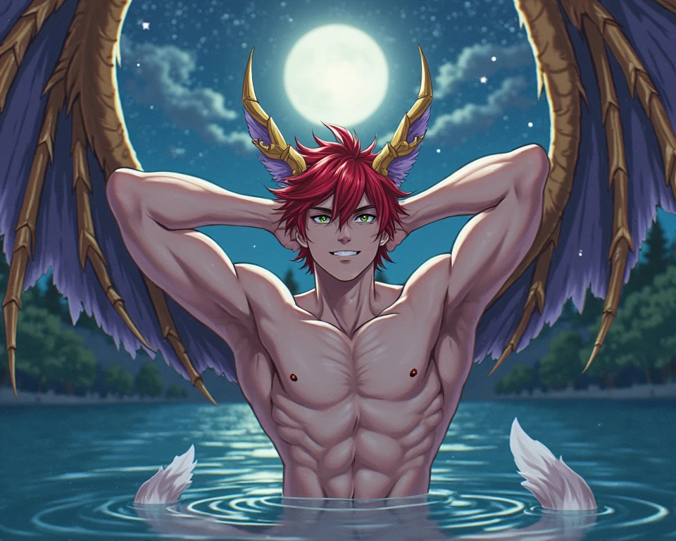 <lora:xiumosi:0.55:MIDD>, <lora:husbandoLocon_v32:0.4>, 1boy, brown_eyes, big aqua_eyes, red hair, (streaked_hair), facial_hair, ((cow horns)), red stubble, pointy_ears, male_focus, portrait, :d, ((solo)), (masterpiece),portrait,((:d)), crossed arms,male_focus,abs, biceps,bishounen,(bare body),(wet),(abs),nude, (nude), (abs), collarbone, bubble,(((male_focus))),navel,nipples,swimming,nipples,(((upper body))),partially_submerged,pectorals,smile,solo,nude,water,wet,(bath),lapels,ray tracing,god rays