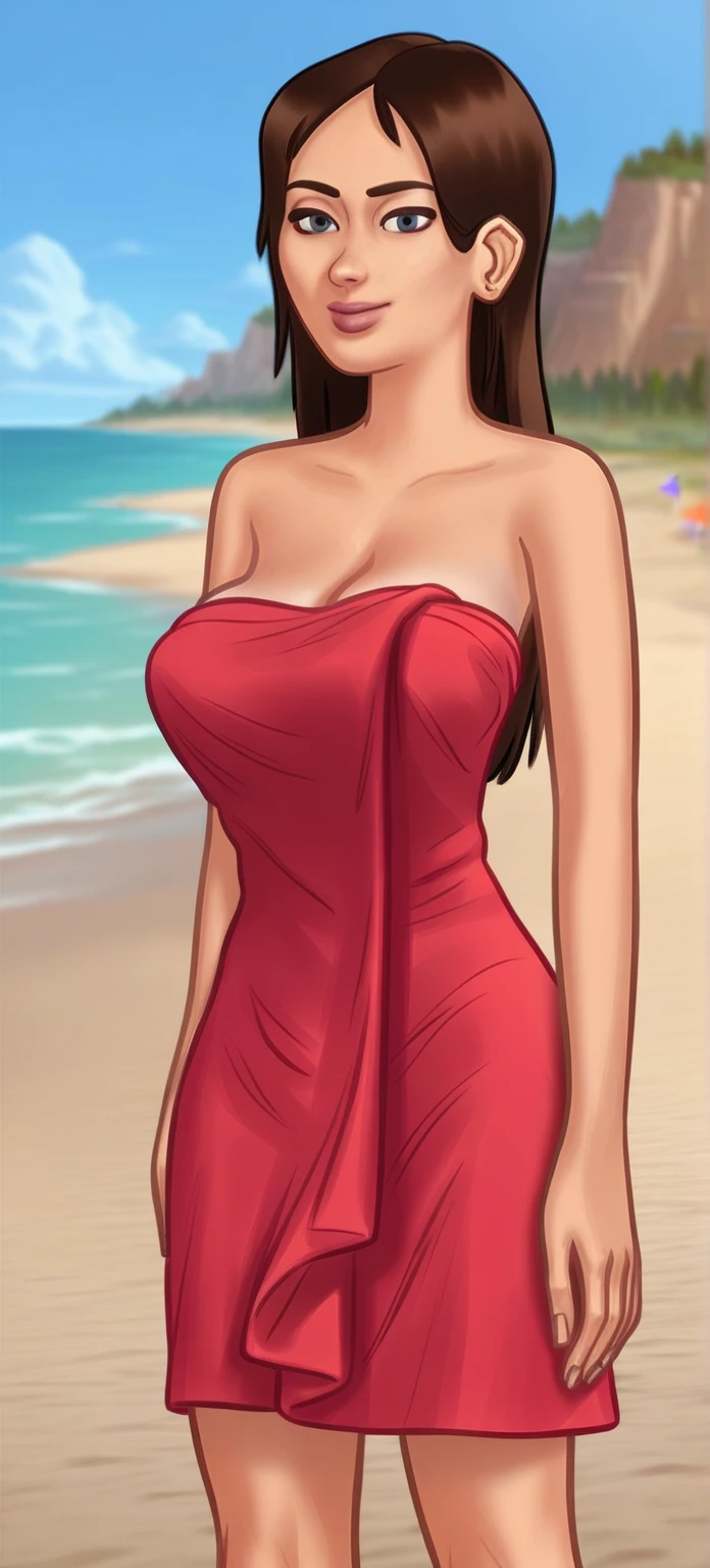 (Best quality, 4k, Masterpiece :1.3), full body standing symmetrical beautiful woman, hyper realistic, 1girl, (drooping breasts, attractive body :1.2), sit-ups :1.1, short red hair: 1.1, (wet rainy, wet by rain, wet body :1.2), ultra-detailed face, detailed lips, detailed eyes, double eyelid, low-necked dress, open neckline, hanging breasts, side pose, visible curves, pool party, poolside, red transparent robe, red sunglasses, muscular turned arms behind body
