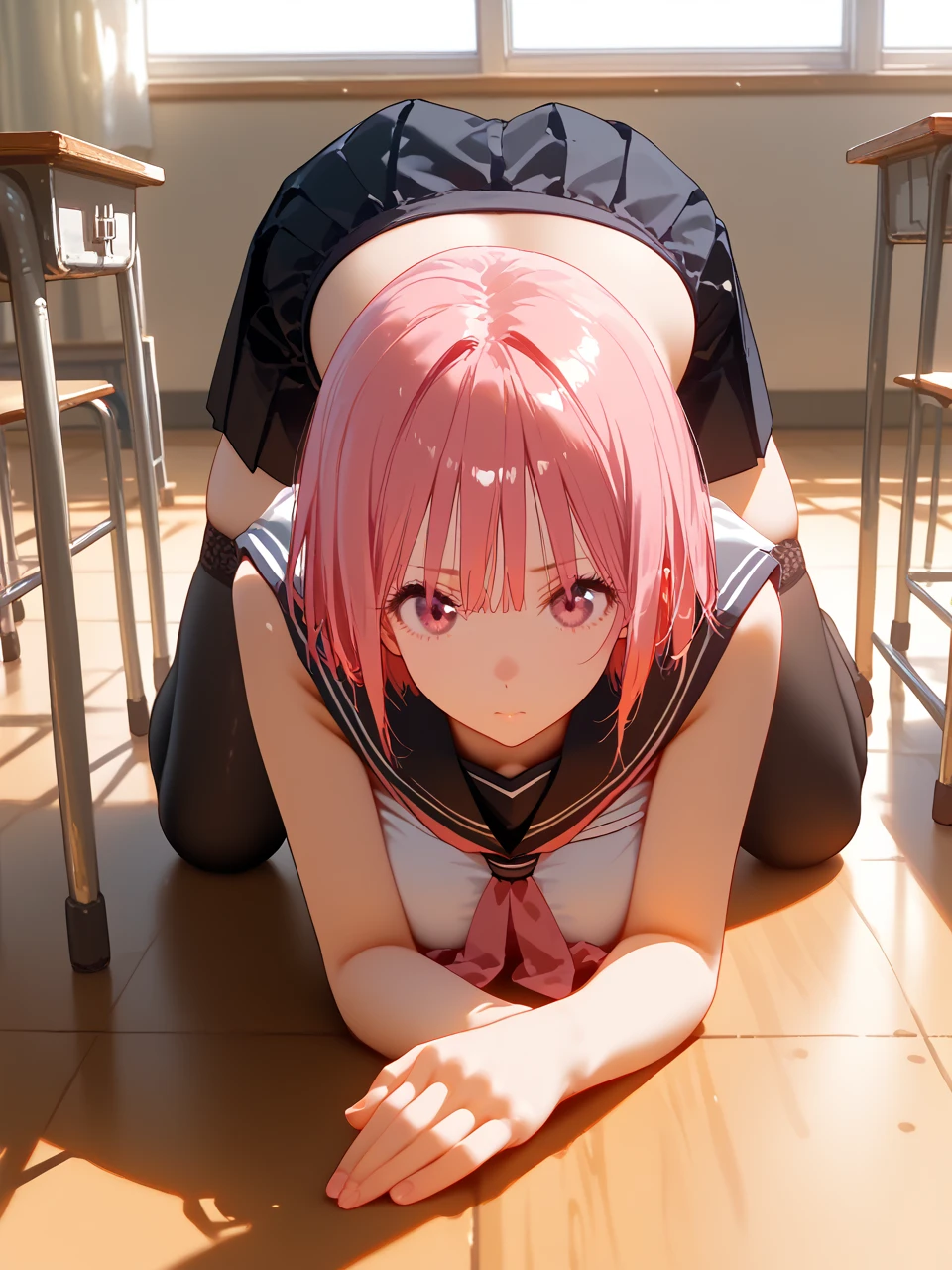 crawl on all fours、crawl on all fours、swimsuit、Cute Swimsuit、Random erotic poses、、Pink Hair、hair over one eye、short hair、、Pale red eyes、Blushing、lipstick、Perfect hands、Detailed hands、Poolサイド、Pool、one-piece swimsuit, strap slip、backwards、、backwards