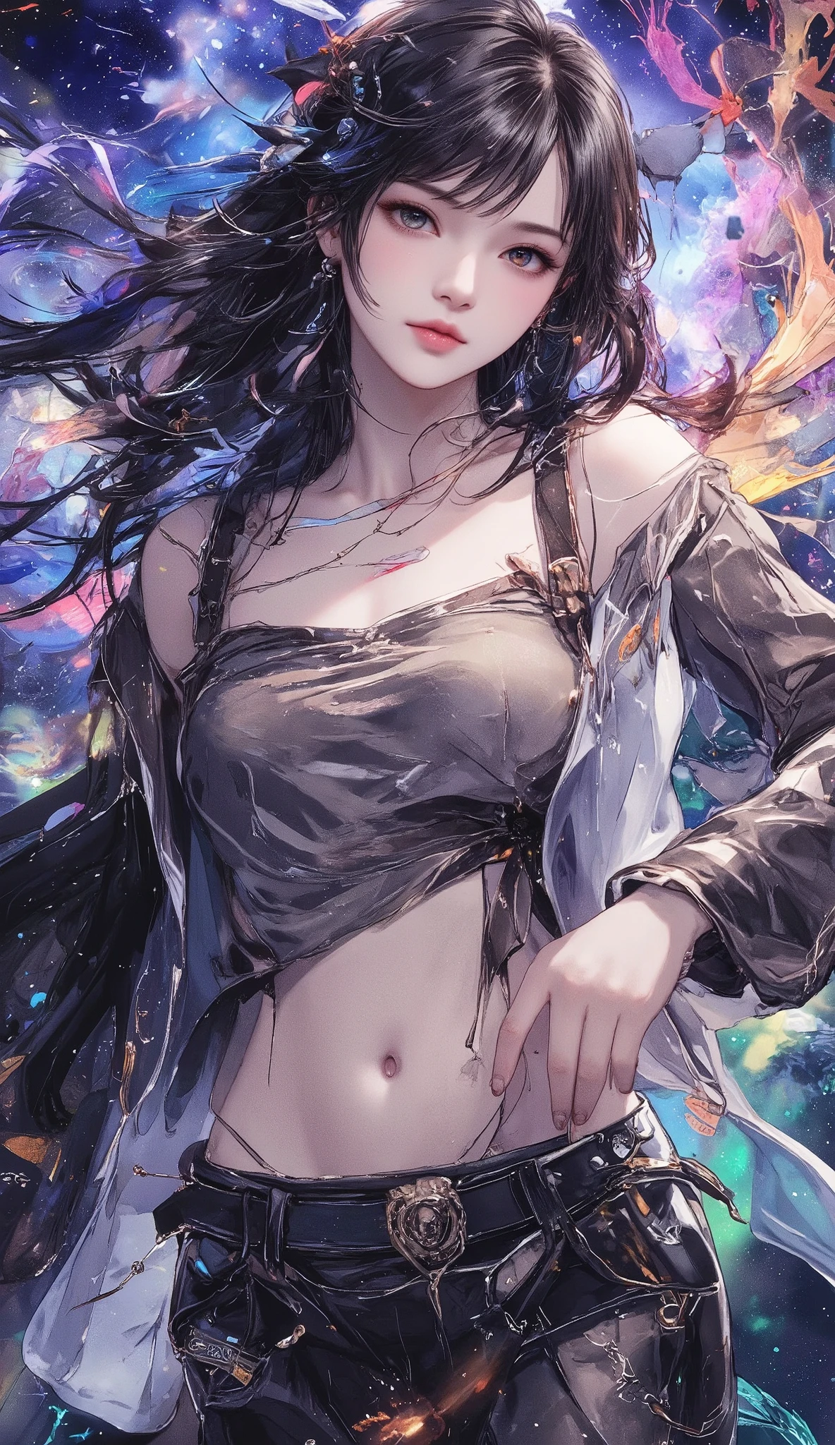 masterpiece, Best Quality,attractive poses in ultra resolution, perfect anatomy, One Woman, detailed faces、a collection of energies poured from heaven over women、hollow eyes、 tattered clothes、Wandering colorful energy、9-byte space、Visualization of Hypersonic Theory、mysterious、Dramatic、dynamic、absurd、metaphysics