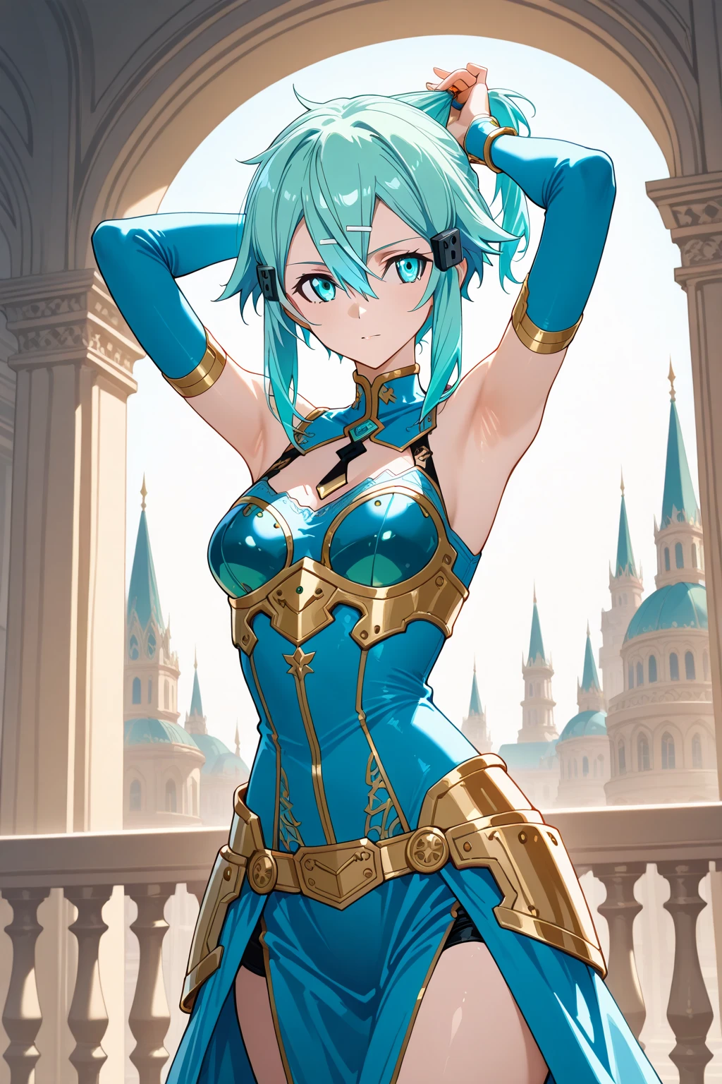 (((highest quality、first-clasasterpiece、Normal body、8k、Detailed face、Ultra-precision、Normal hand、Normal finger、5Finger、)))Brightly colored hair、Golden Turquoise Hair、Short Hair、Shortcuts、Sleeping habit head、Unshaven Head、Small breasts、Beautiful breasts、Beautiful body、Brave、Braveの剣、光のBrave、Sword of Light、聖なるBrave、Holy Sword、Sword and magic circle、Magic Sword、The Great Magic of Light and Darkness、huge magic circle、Shiny Tiara、Blue leotard、Green belt、black half cloak、Evil Eye、Magic circle pattern on eyes、Demon King's Castle、Evil Cave、Ready your sword、In combat