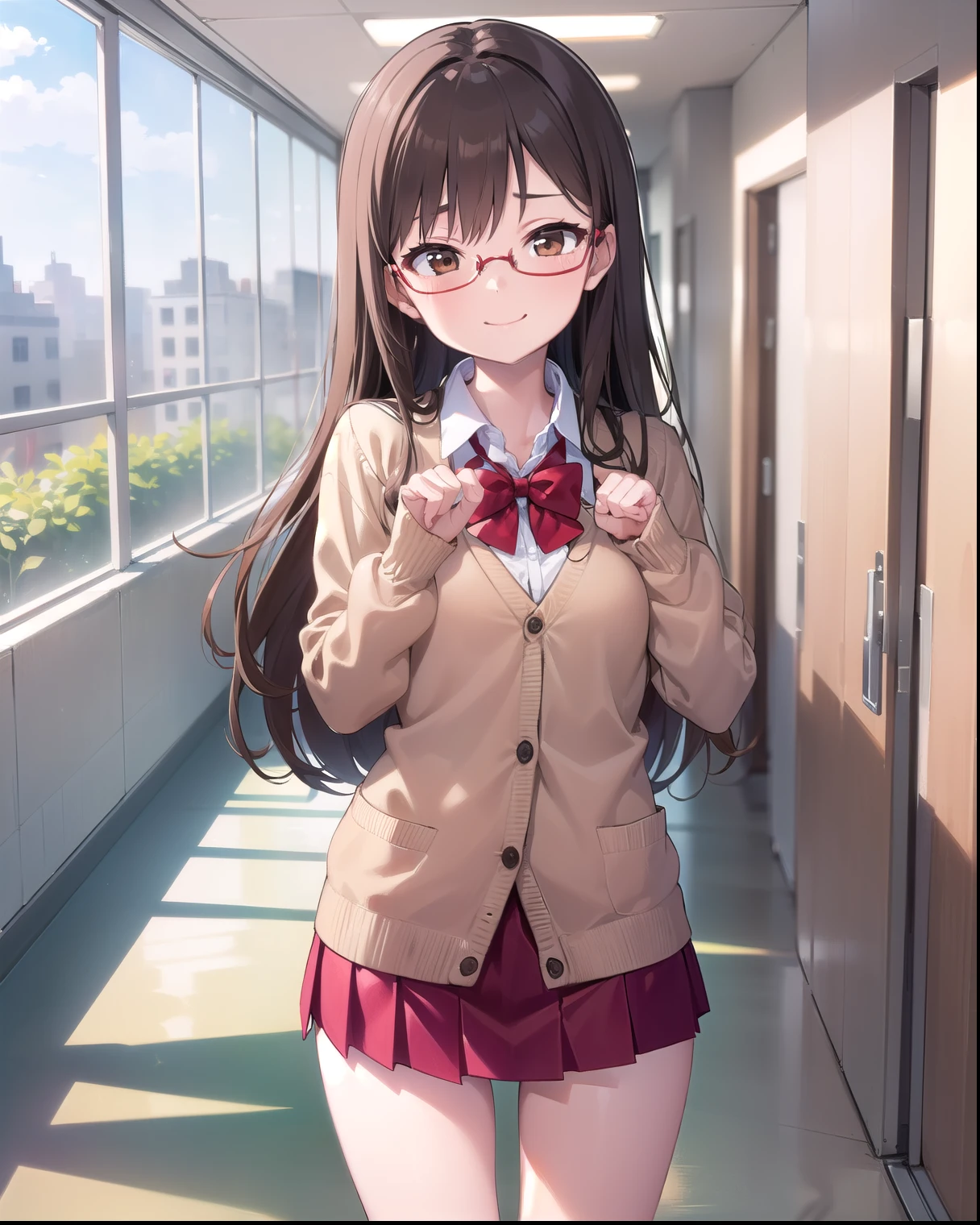 1girl, Solo, HD, Accurate, Breasts, Smile, Teasing, Cute Pose, Soft Lighting, Blurred Background, Close-up Potrait Shot, (Background Is At The School Corridor: 1.3) Looking at viewers, Correctly Anatomy.
-
(female: brown eyes, glasses, long hair, brown hair, messy hair, red bowtie, brown cardigan, red skirt,bpleated skirt, micro miniskirt: 1.3)(pose: standing in the school corridor, teasing: 1.3)