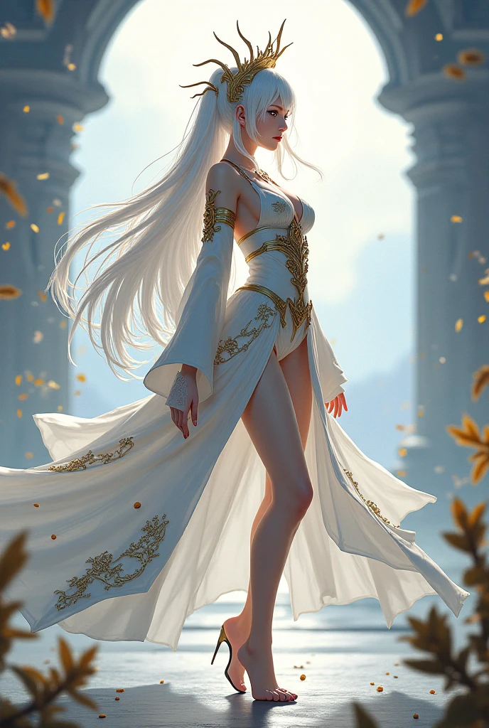 FS, an albino girl with perfect 10 features and long black Rapunzel-like hair, stands in a picturesque Avatar-like scene. Her body is graceful with a petite bust and slender legs. The girl looks stunning in a sheer organza dress with intricate designs. Her high-heeled shoes are elegant with golden patterns. The sunlight creates a subtle silhouette around her contours from the back, while soft and filling light illuminates her from the front. This scene has photorealistic qualities and is a concept art that creates a wow effect of:2. It can be found on the website 500px with hyper-superior details