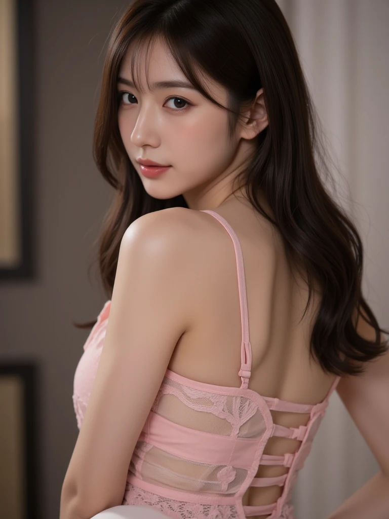 (Best quality, 8k, 32k, Masterpiece, UHD:1.2), (realistic:1.5), (masterpiece, Extremely detailed CG unity 8k wallpaper, best quality, highres:1.2), (ultra detailed, UHD:1.2), hyper sharp focus, Photo of extremely cute and beautiful Korean woman, (Korean idol face:1.3), (mahogany long wavy hair:1.2), adult, (detailed beautiful girl:1.4), best quality, woman, adult, ((back benover doggy pose)), focus on face, looking at viewer, facing the viewer, ((perfect female body)), (narrow waist:1.05), (cowboy shot), slender, abs, face ring light, face light, detailed human body, (nsfw:1.4), (happy), (pink slingshot swimsuit:1.4), (at the shopping mall:1.4)