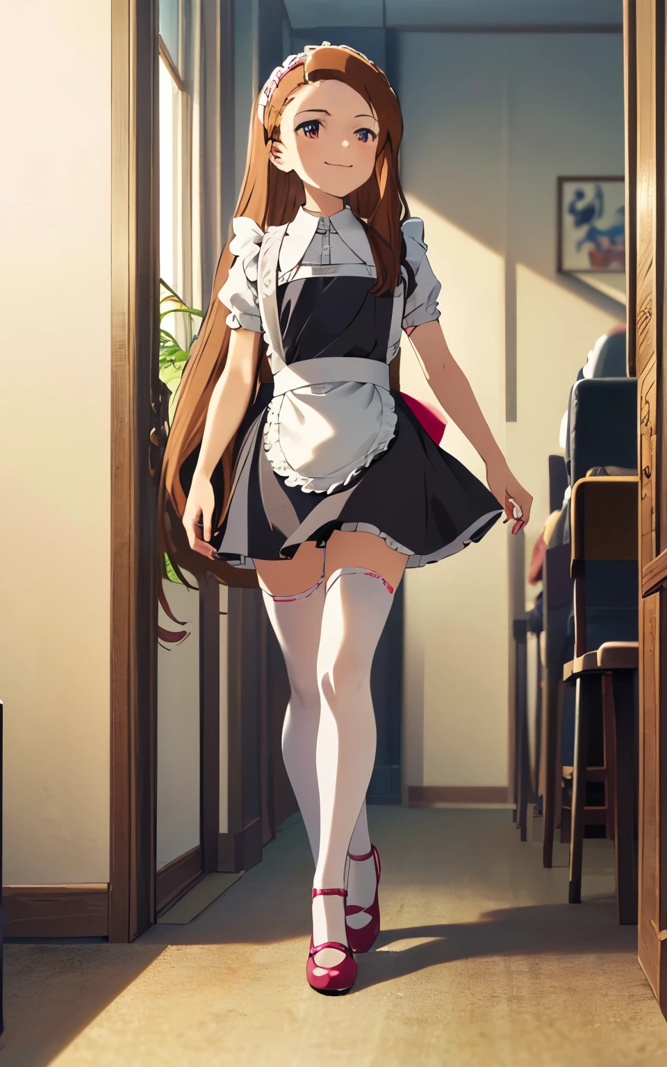 (best quality), (masterpiece), (High Resolution), (anime_style), 1girl, (Iori Minase), (mini-skirt maid, (Ultra mini skirt), (white thighhighs), mary Jane shoes, from side, from below, walking, maid cafe, full body, Dazzling Smile、
