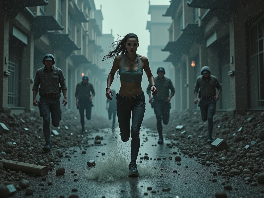 brown woman , running away from several zombies ,in the middle of a destroyed city , survival