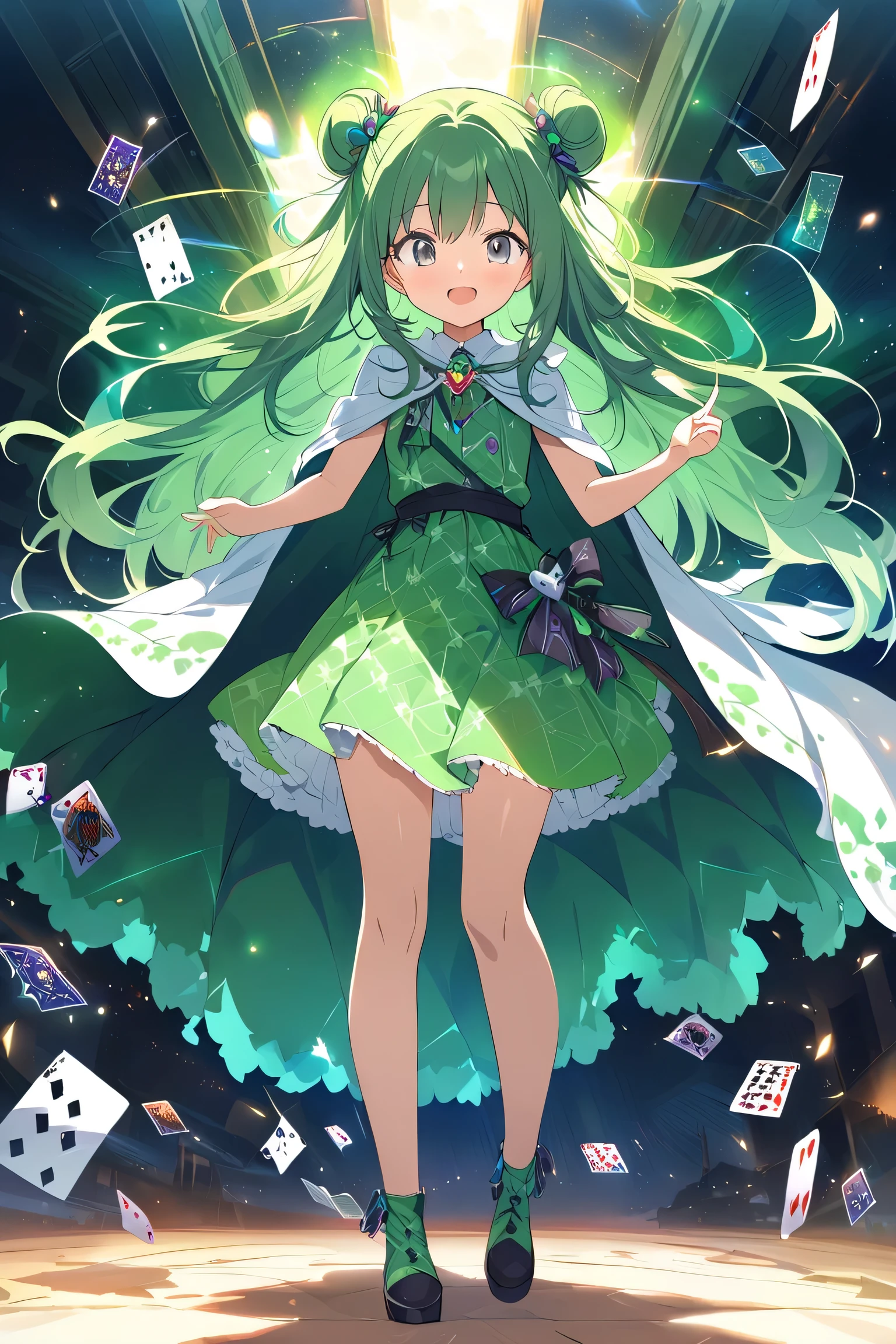 looking view, ((full body))standing,Source Anime, (Masterpiece), (Best Quality)), (Very Detailed), ((Cute)), (Amazing), (Detailed)), 4K, (8k), Highest Quality , (beautiful), perfect anatomy, ((perfect hands)), (perfect fingers)
ultra-definition depiction,
break
(( 1girl )), 16's years old, long hair, round face, green hair, ((grey eyes)), open mouth, cute eyes, ((winking eye))
BREAK
A female trickster with green hair styled in a playful bun, wearing a vibrant green outfit adorned with mischievous patterns. She has a sly yet charming smile, striking a dynamic pose as if ready for a playful prank or an unexpected trick. Her flowing cape flutters behind her, and her hands glow with an aura of magical mischief. Floating dice, cards, and sparkling illusions swirl around her, creating a high-contrast, neon-like effect. The scene is enhanced with lens flares and ASCII art elements, emphasizing her whimsical and unpredictable nature.