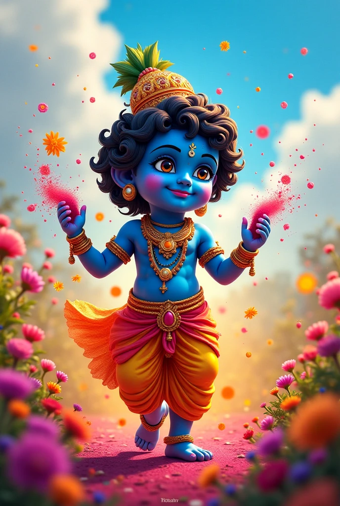 Little Krishna standing in battle ground, in his right hand is up and first fingure of his hand he is holding iconic sudarshan chakra, cute face, peacock feather on head, pot of lots of butter on side, yellow and blue sky, 4k resolutions 