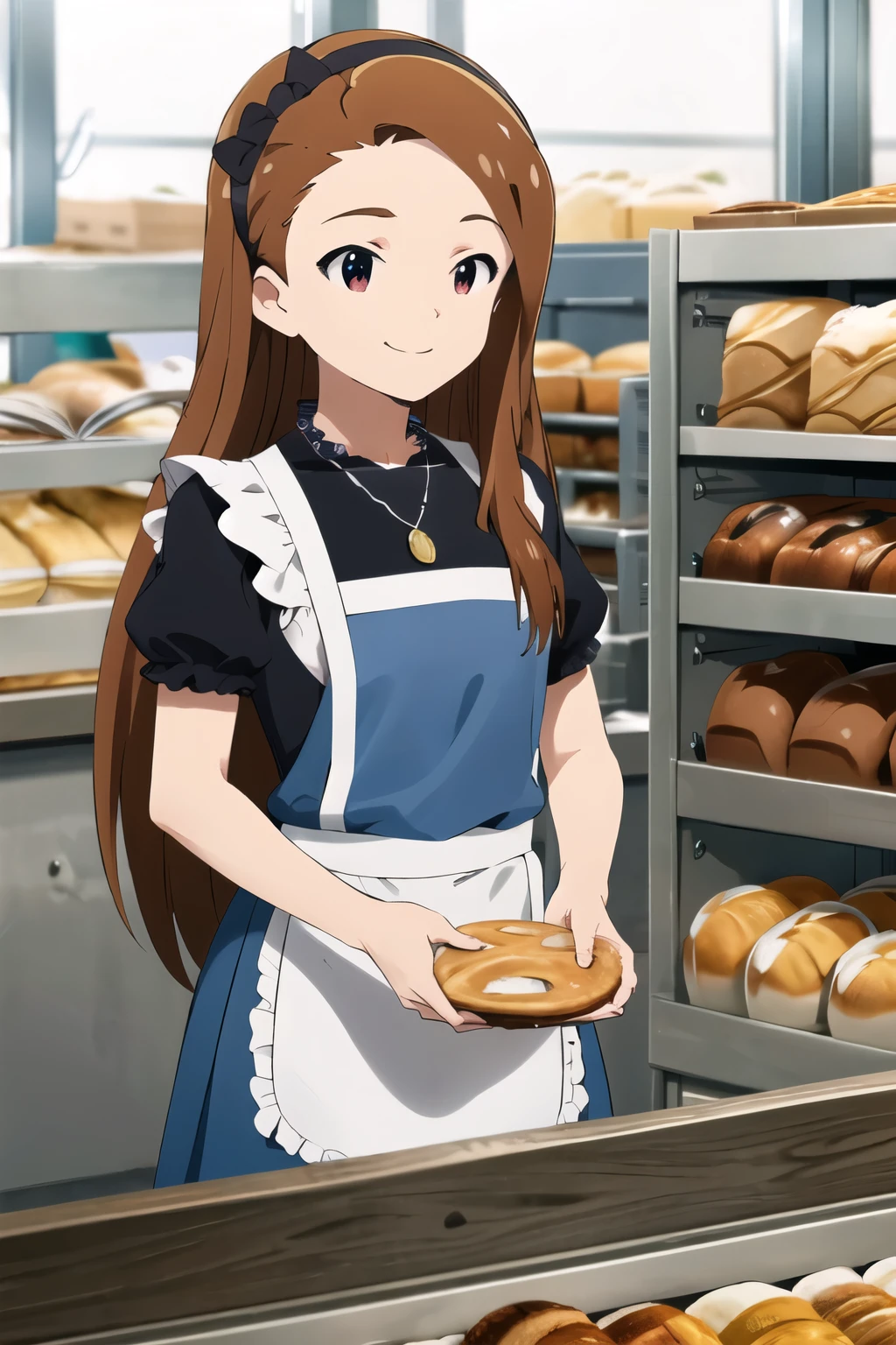 masterpiece, Best Quality,  nothing,  Kobeya uniform, blue skirt,  Blue Necklace , Gingham Apron,  bakery in k,   cinematic angle , Looking Ahead, smile,,  hair bow