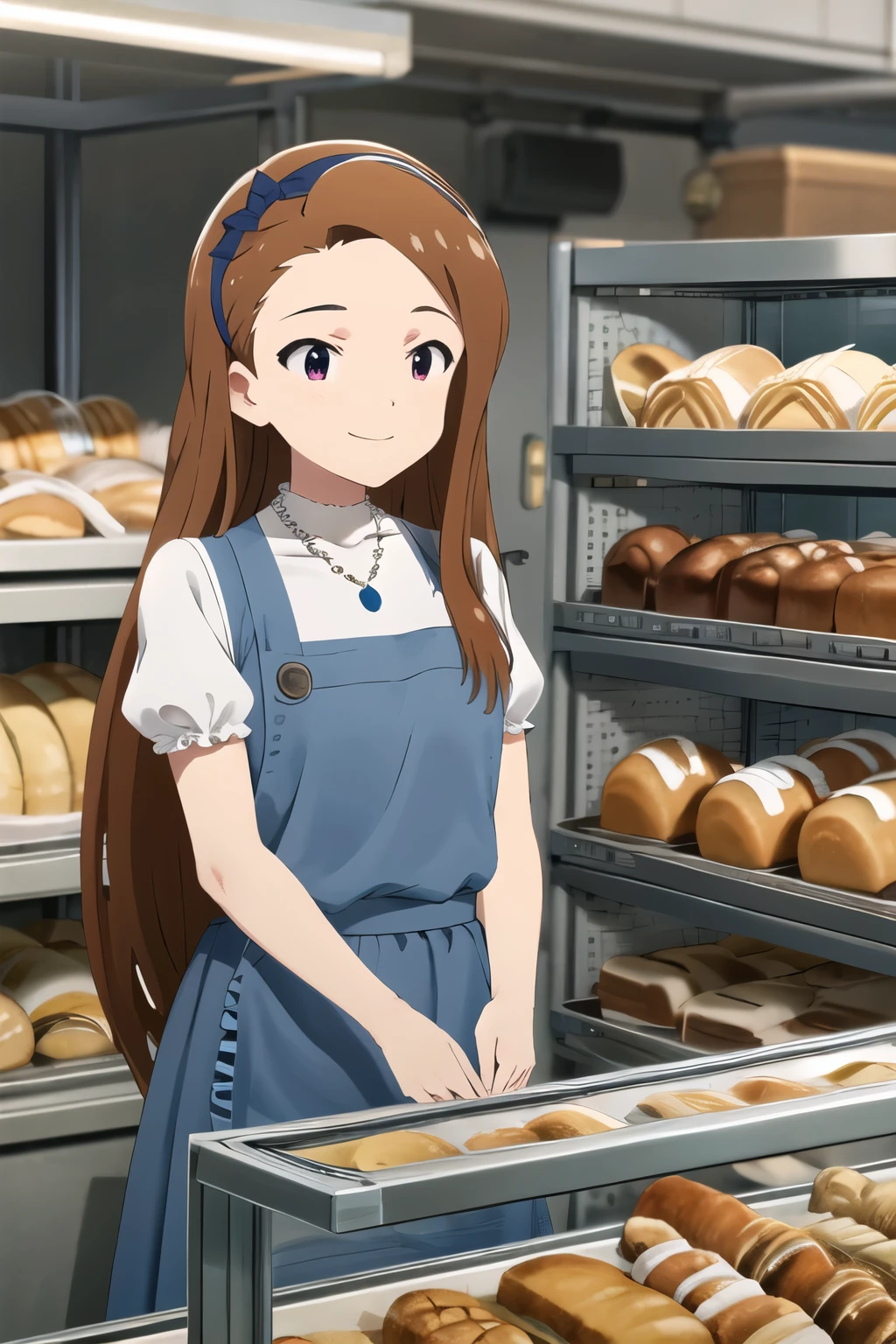 masterpiece, Best Quality, nothing, Kobeya uniform, blue skirt, Blue Necklace , Gingham Apron, bakery in k, cinematic angle , Looking Ahead, smile,, hair bow