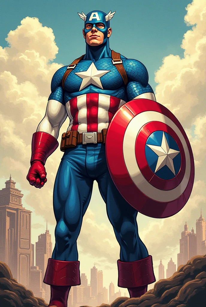 captain America , waterproofing a roof with liquid waterproofing coating doing the work with one arm,and with the other arm showing off the muscle of the other arm while smiling