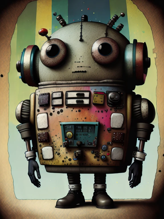 retro:1.3, bipedal robot（１Cuerpo）, color tierra y cian, punk, feliz, Optimista, Jerome Hieronymus Hieronymus, Gabriel Pacheco:1.3、fondo antiguo teatro、lighting the robot like on a theater stage、dark warehouse