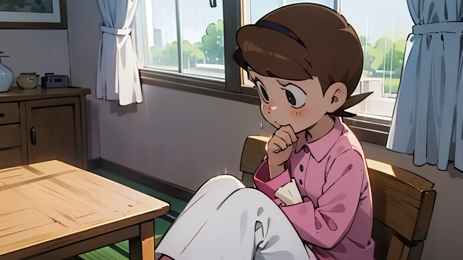 Cute tall slim hoshinosumire, young adult, in a room wearing a red full sleeve shirt, sitting near window, raining, her hands on her chin