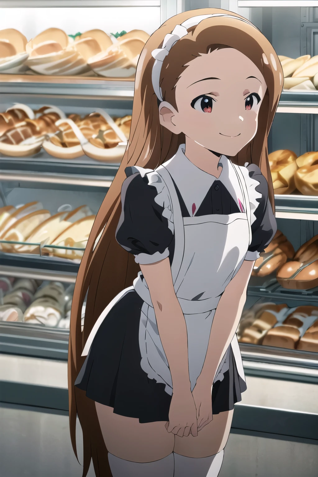 masterpiece, Best Quality, (anime_style), 1girl, (Iori Minase), (mini-skirt maid, (Ultra mini skirt), (white thighhighs), bakery in k, cinematic angle , Looking Ahead, smile,, hair bow