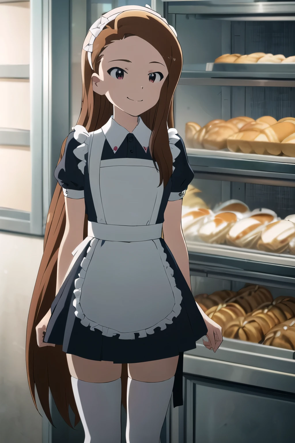 masterpiece, Best Quality, (anime_style), 1girl, (Iori Minase), (mini-skirt maid, (Ultra mini skirt), (white thighhighs), bakery in k, cinematic angle , Looking Ahead, smile,, hair bow