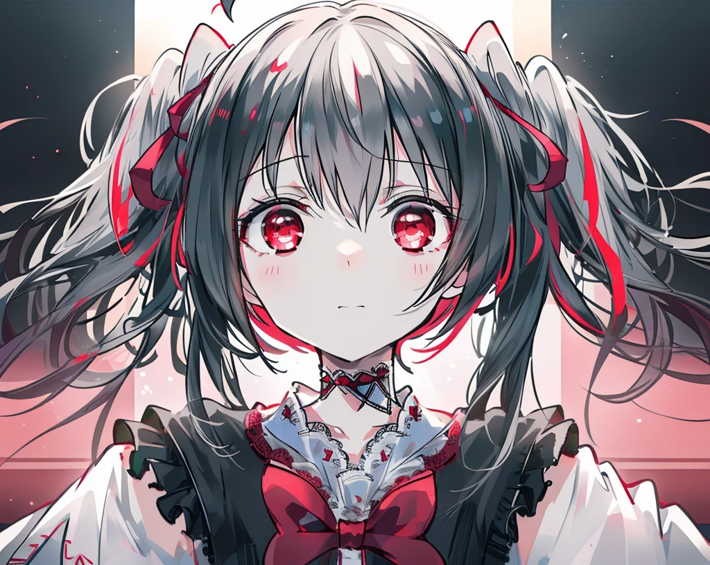 Anime girl with blood in her eyes and a bow tie, gapmoe Yandere, gapmoe Yandere grimdark, With eyes that glow red, Yandere, Red eyes glow, My eyes are completely red, Devil Anime Girl, portrait gapmoe Yandere grimdark, My eyes are completely red no pupils, With red eyes, Bloody Eyes, Yandere intricate, 
