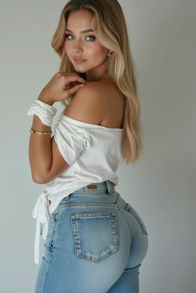 Blonde Erin Moriarty, Starlight, straight hair, fit body, expressive eyes, above view, looking to the viewer, close camera, skinny body, white uniform, tight clothes, sexy, blue jeans pants, cameltoe, park, sunny day, white t-shirt, back view, close camera