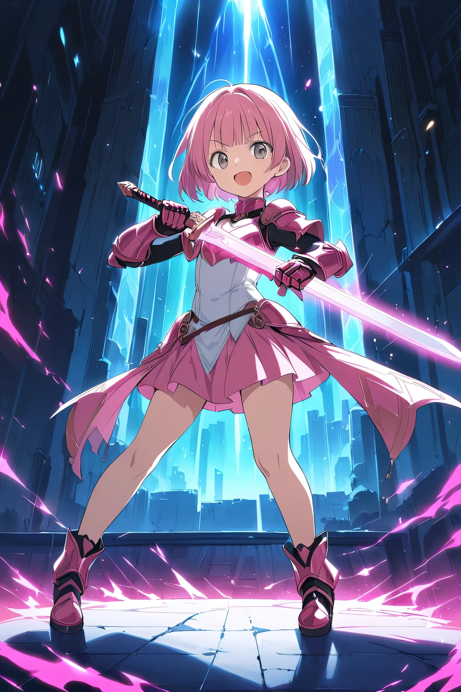looking view, ((full body)), standing,Source Anime, (Masterpiece), (Best Quality)), (Very Detailed), ((Cute)), (Amazing), (Detailed)), 4K, (8k), Highest Quality , (beautiful), perfect anatomy, ((perfect hands)), (perfect fingers)
ultra-definition depiction,
break
(( 1girl )), 16's years old, short hair, straight bangs、round face, pink hair, ((grey eyes)), open mouth, cute eyes,
BREAK
a pink short haired female swordmaster, pink skirt, white bustier, gauntlets, beautiful smile, fighting pose, atttack stance, ascii art, lens flare, glowing sword, luminous dress armor, shining sword, Neon Aura, high contrast