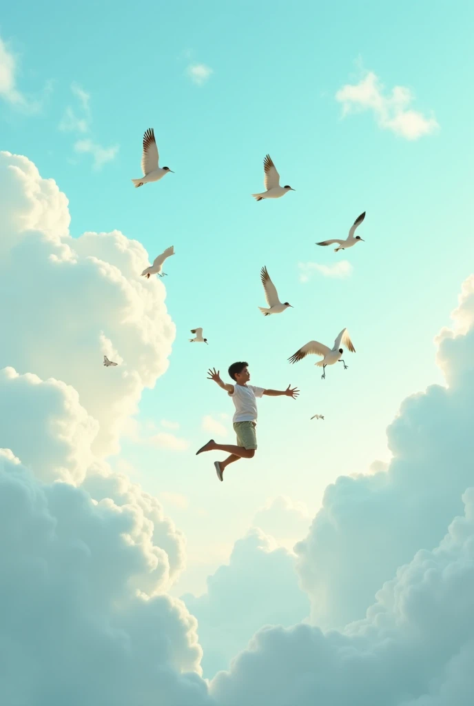 Boys and Girls，Children run，Back，Boys and Girls，Blue sky and white clouds，Dreaming about summer，Realistic illustration